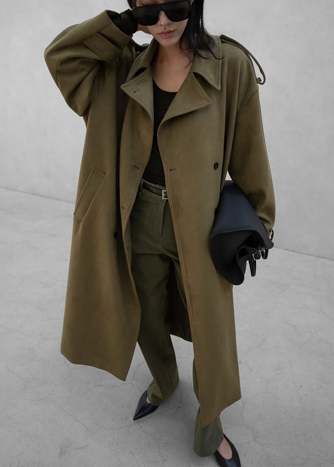 Lulea Faux Suede Trench Coat - Khaki