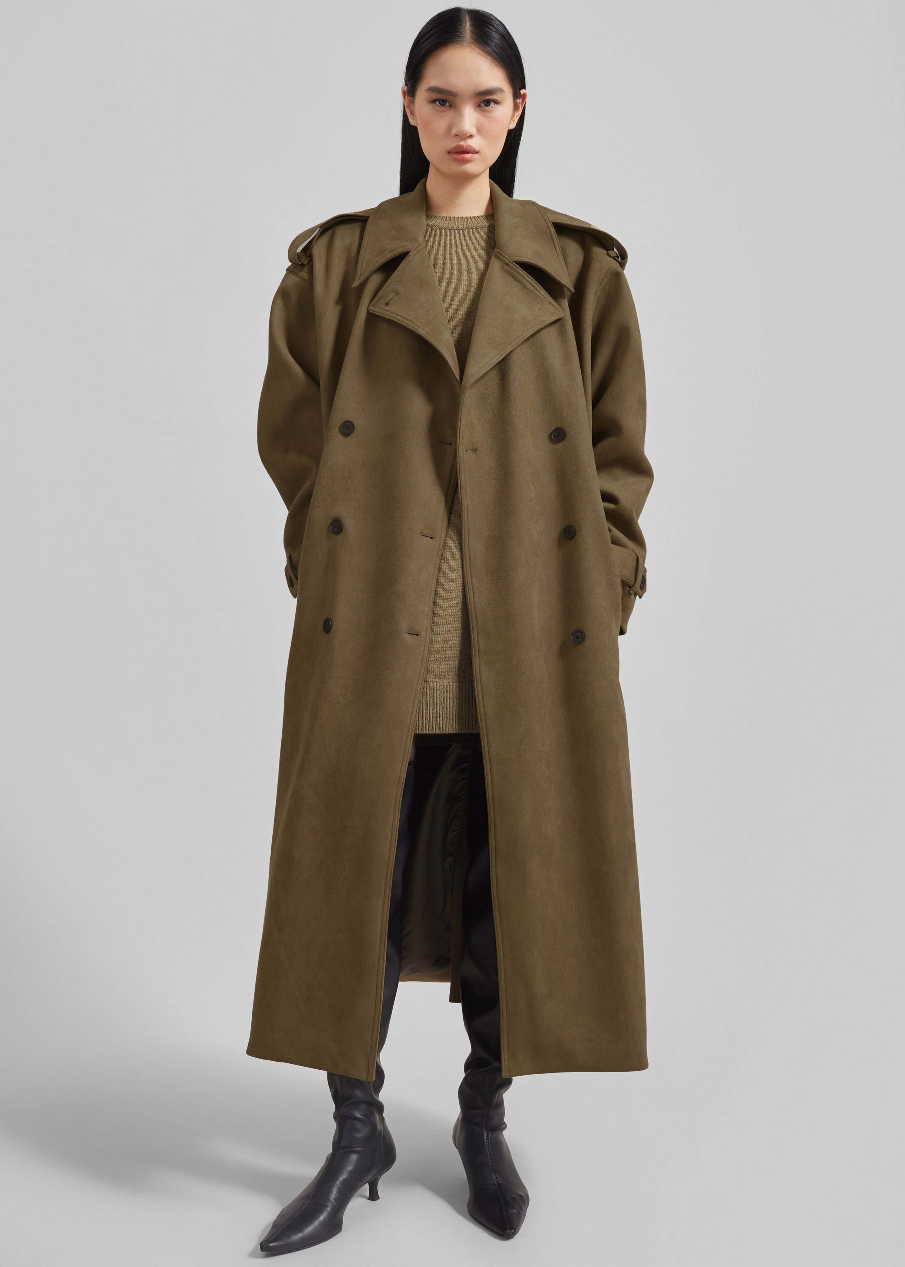 Lulea Faux Suede Trench Coat - Khaki - 8