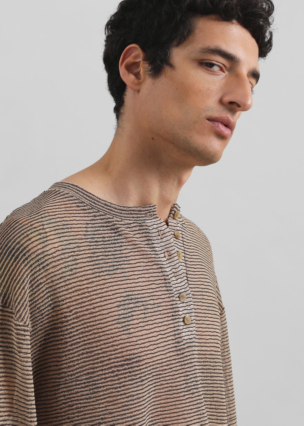 Luray Henley T-Shirt - Beige/Black Stripe - 1