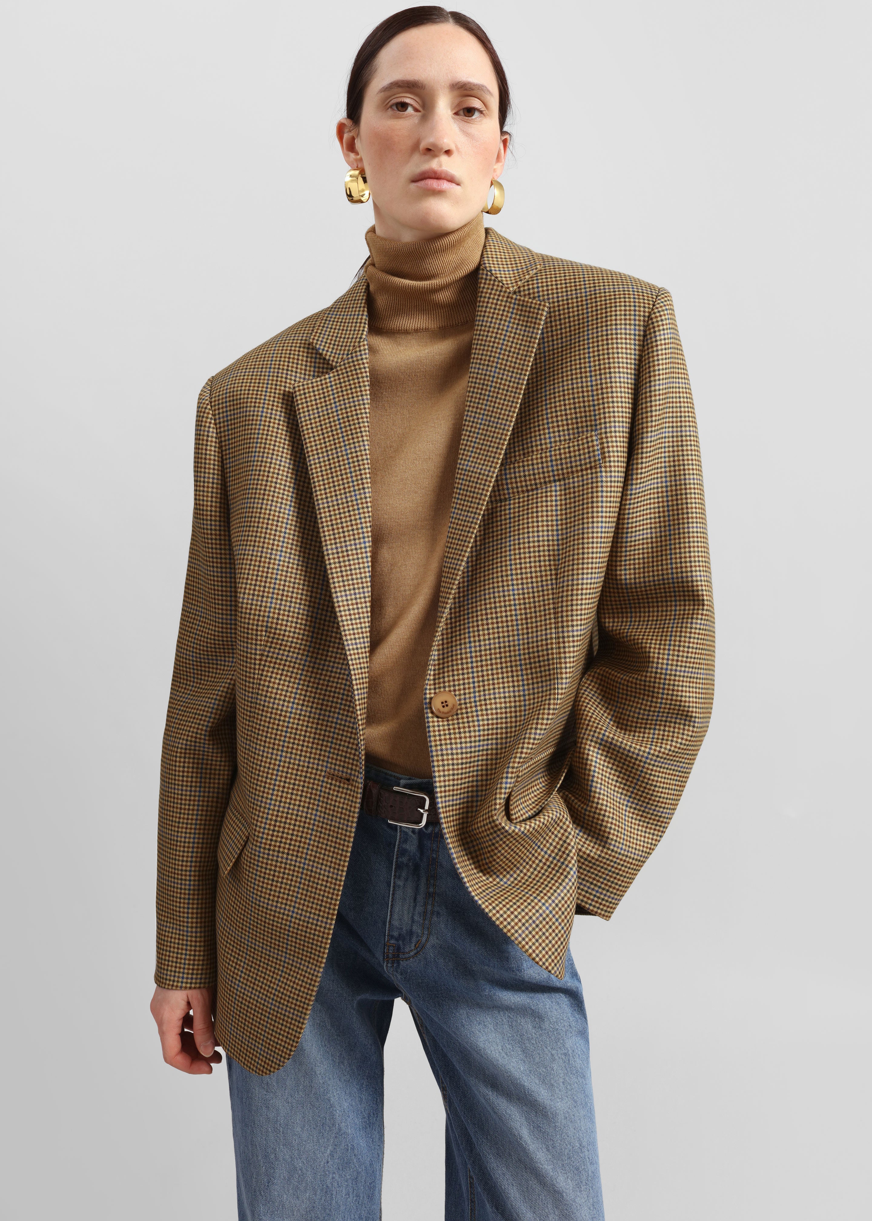 Lyra Oversized Houndstooth Blazer - Camel - 5