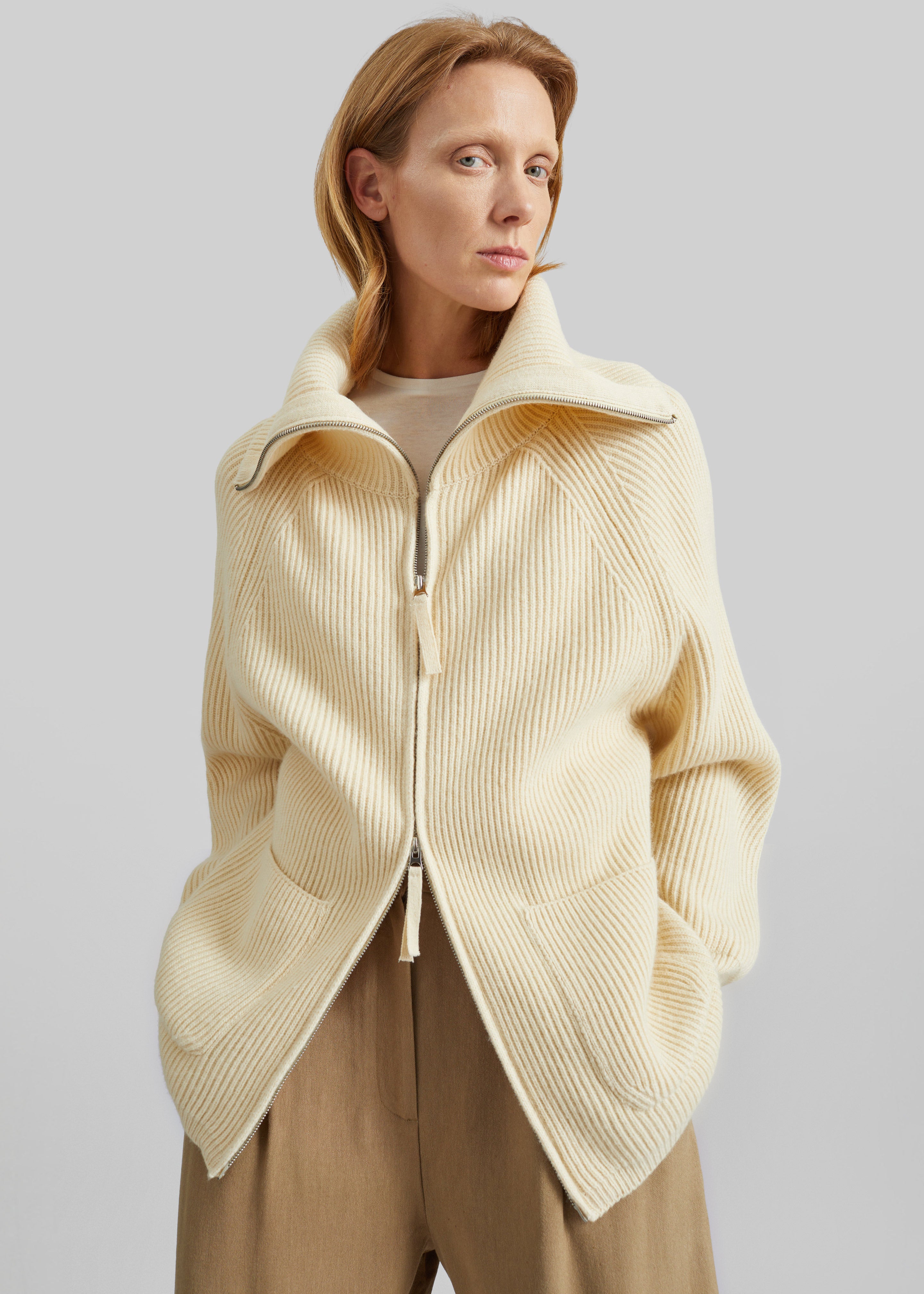 Malabry Knit Zip-Up Cardigan - Pale Yellow - 2