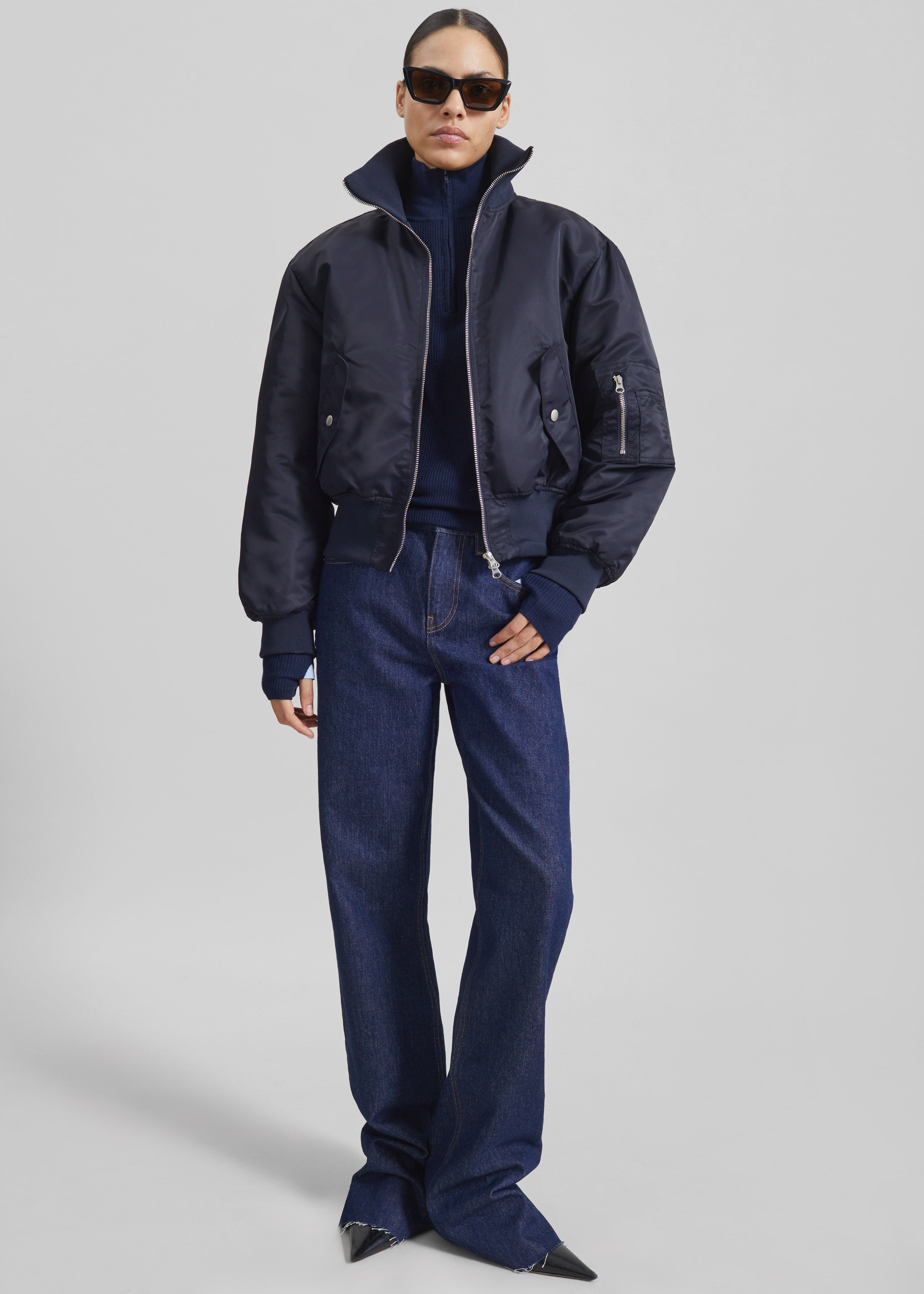 Maloy Cropped Bomber Jacket - Navy - 1