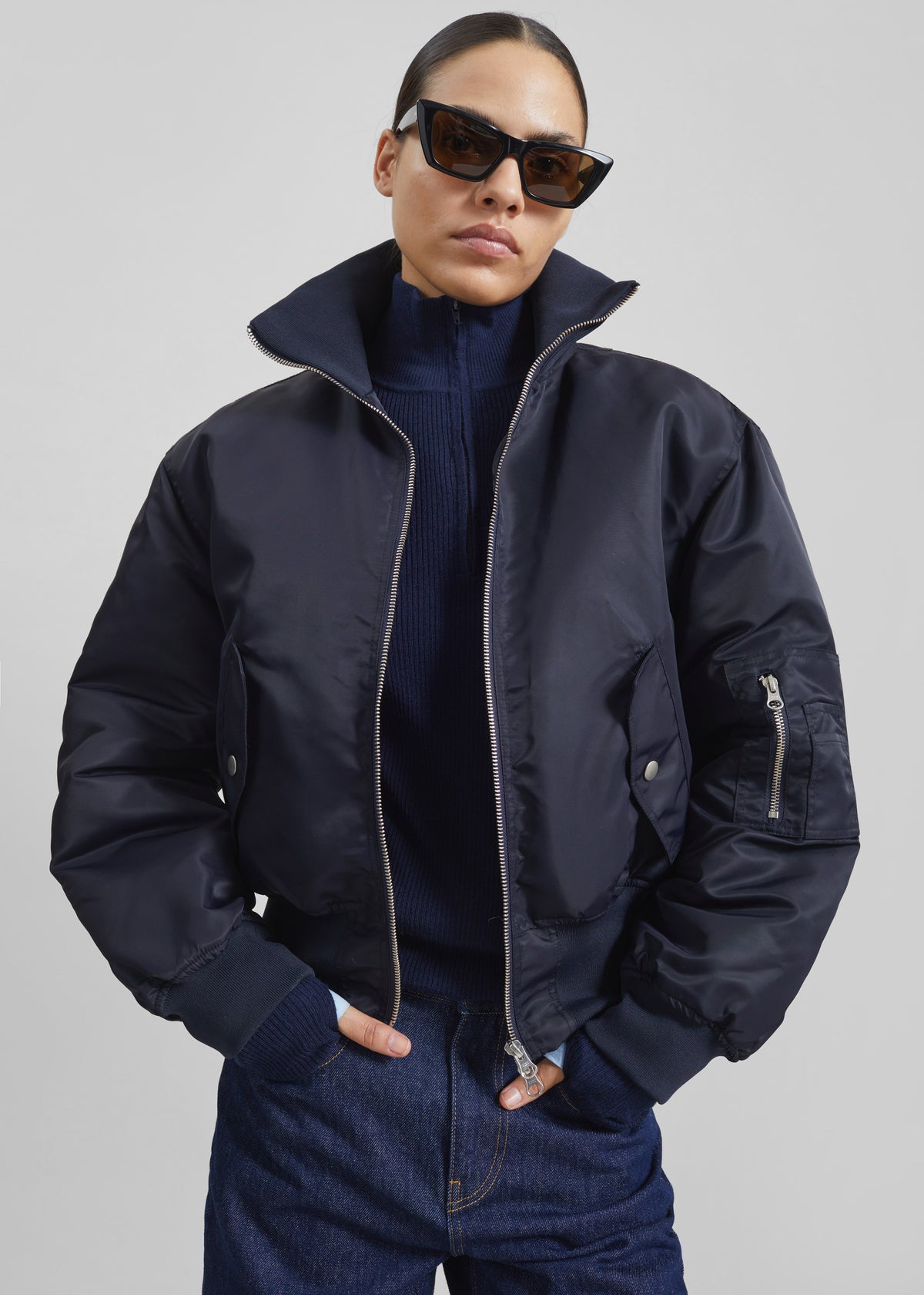 Maloy Cropped Bomber Jacket - Navy - 7