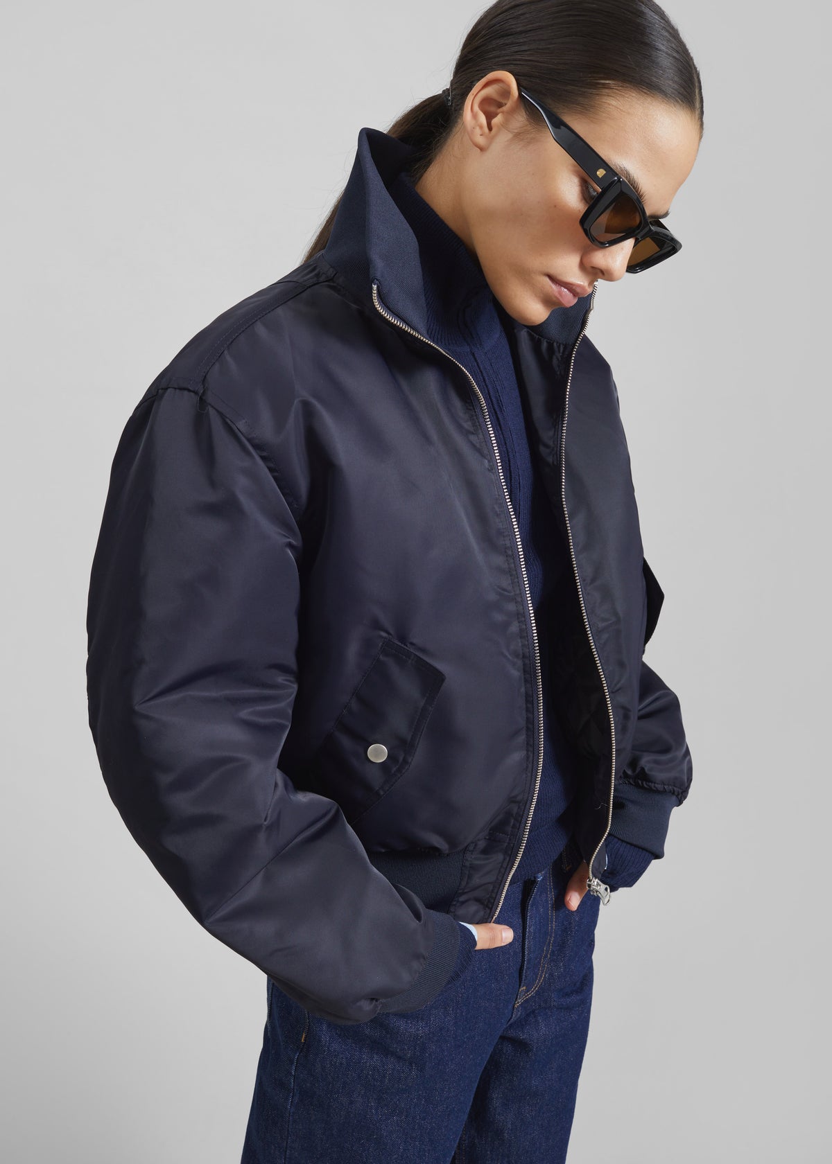 Maloy Cropped Bomber Jacket - Navy - 5