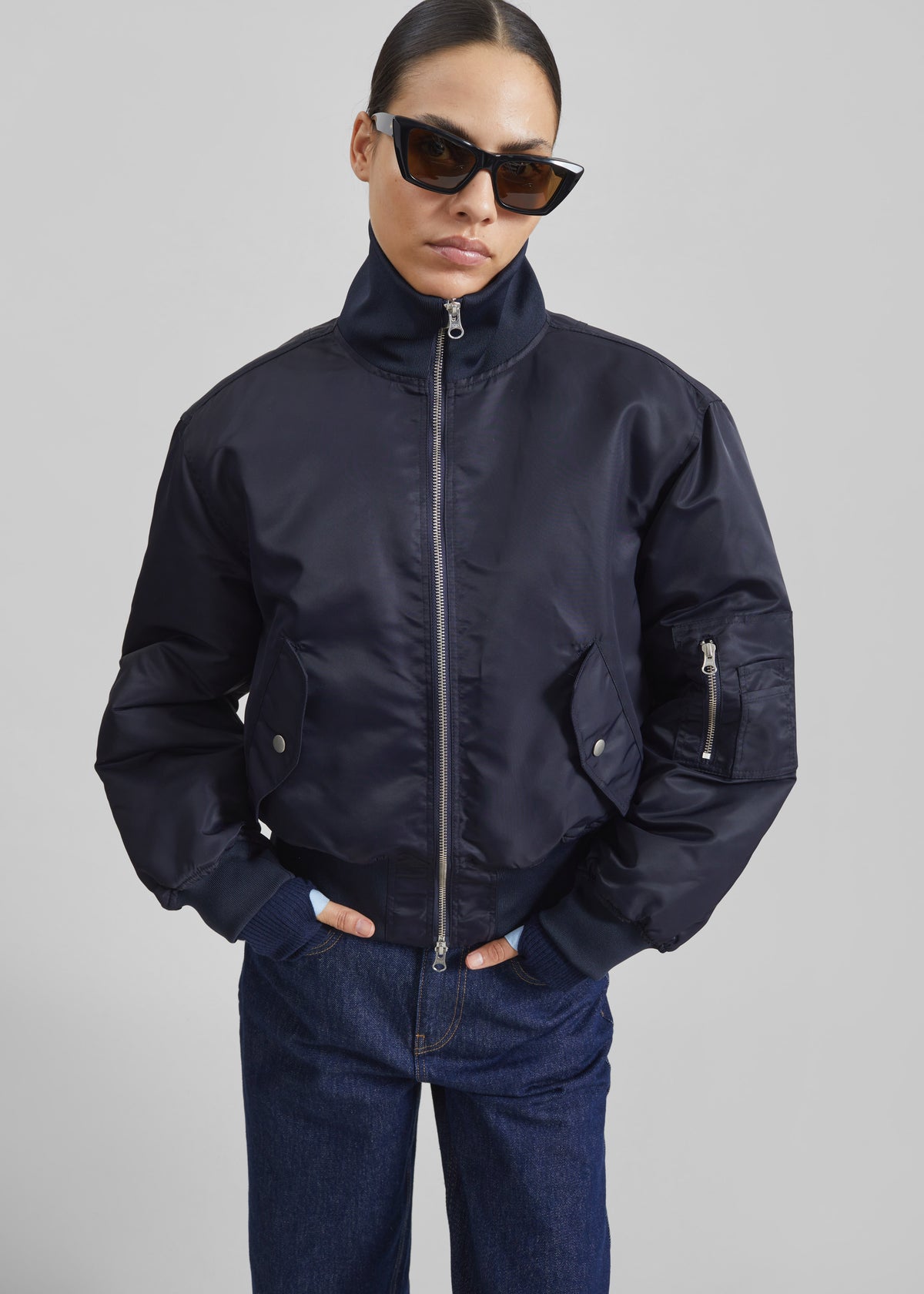 Maloy Cropped Bomber Jacket - Navy - 6