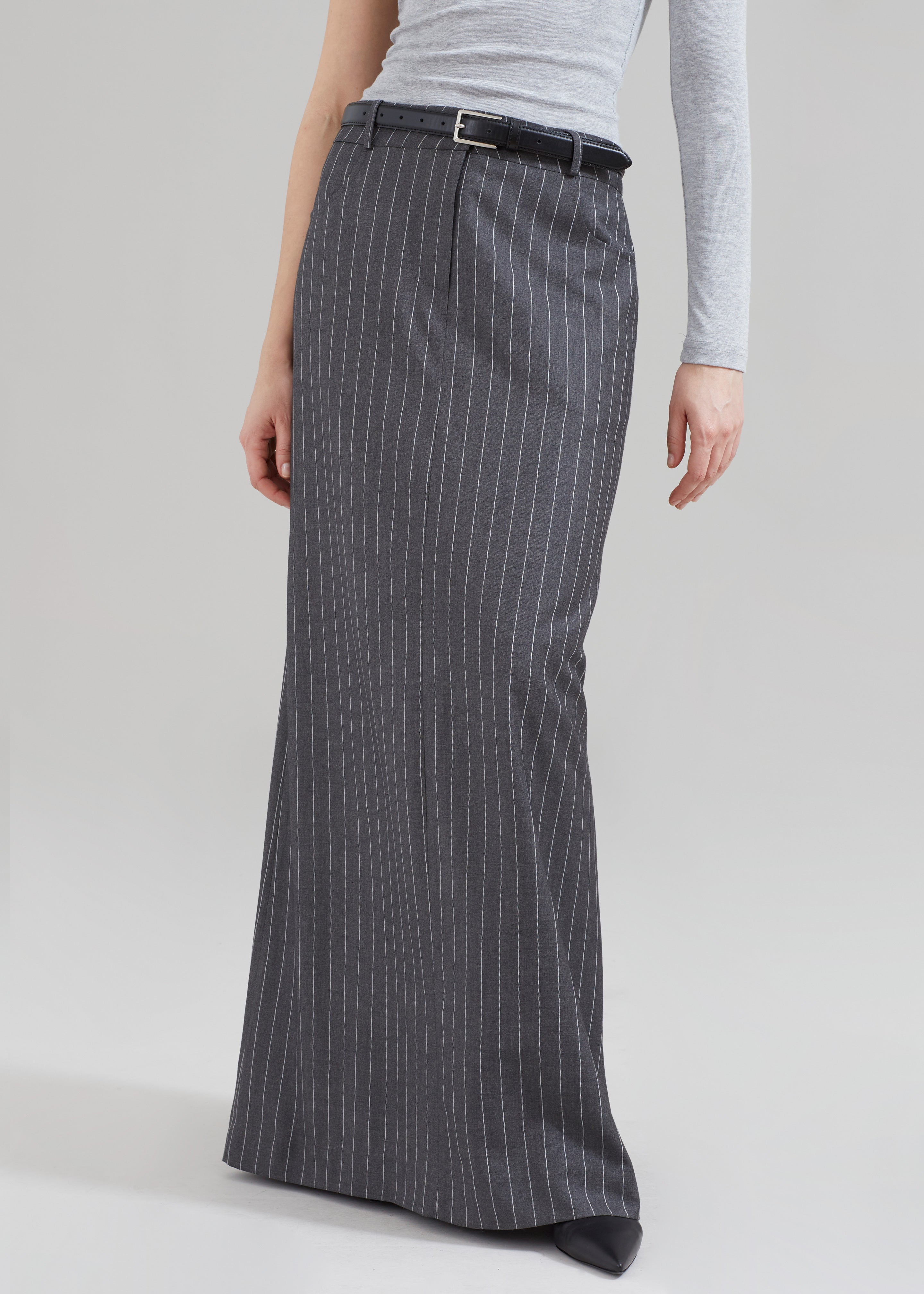 Malvo Long Pencil Skirt - Grey Pinstripe - 2