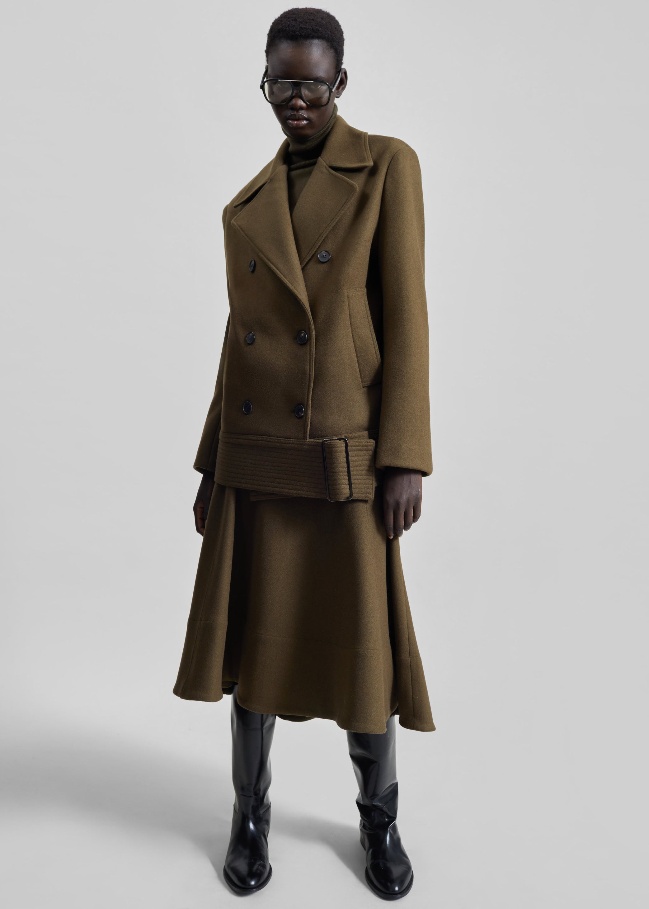 Shop the look image for Manali Belted Peacoat - Olive Brown