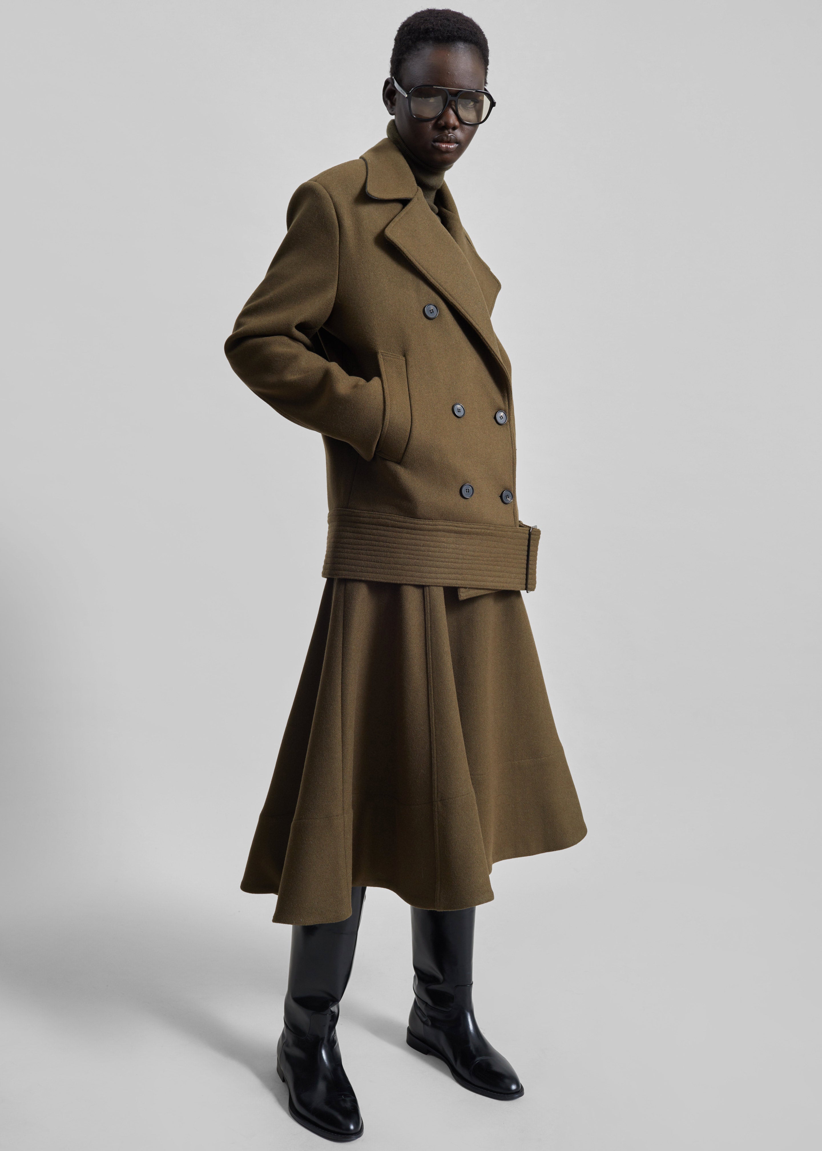 Manali Belted Peacoat - Olive Brown - 2
