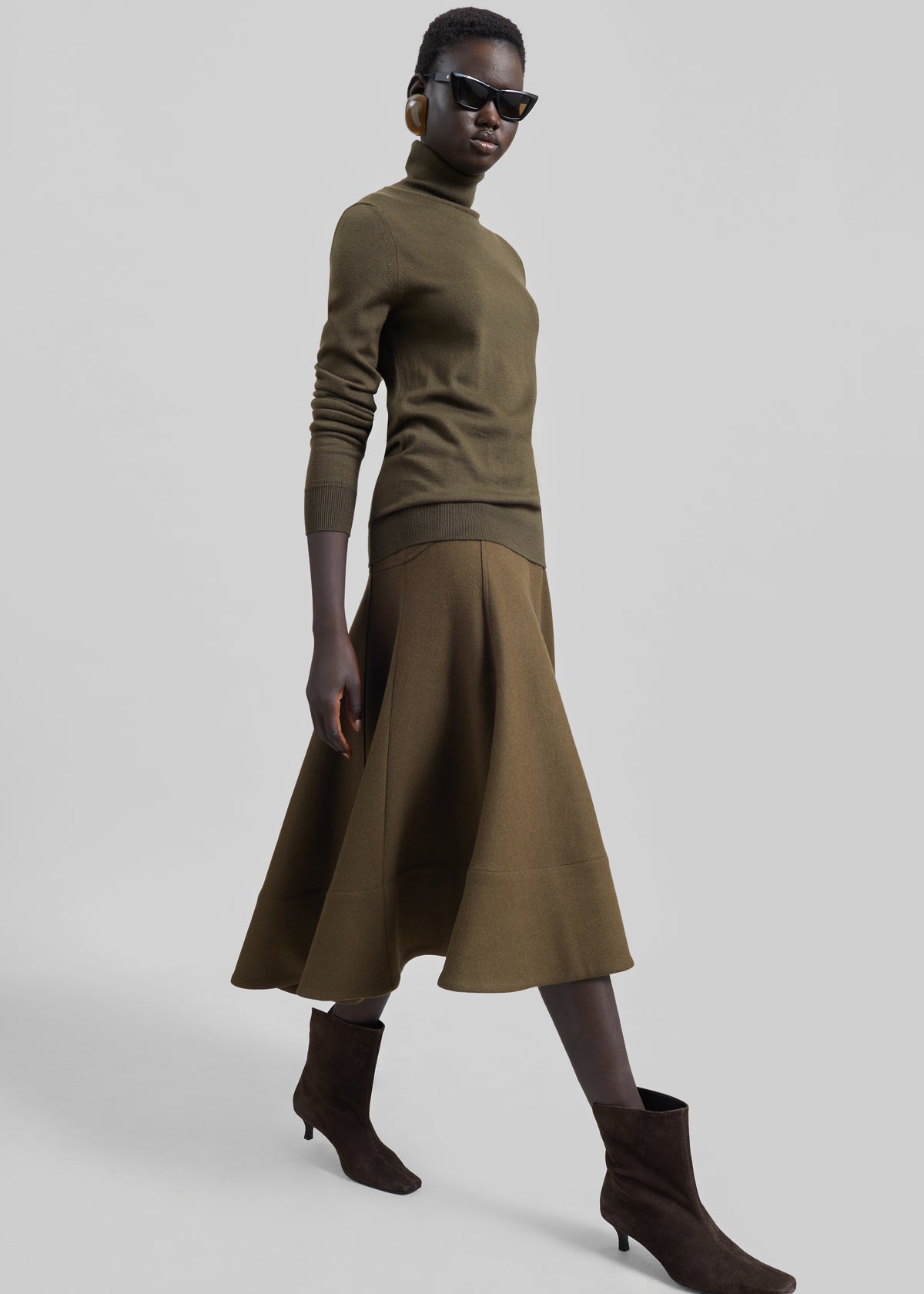 Manali Flared Midi Skirt - Olive Brown - 5