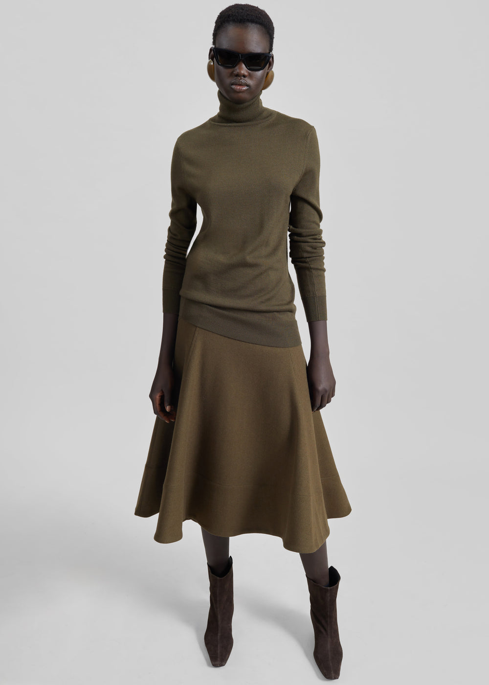 Manali Flared Midi Skirt - Olive Brown