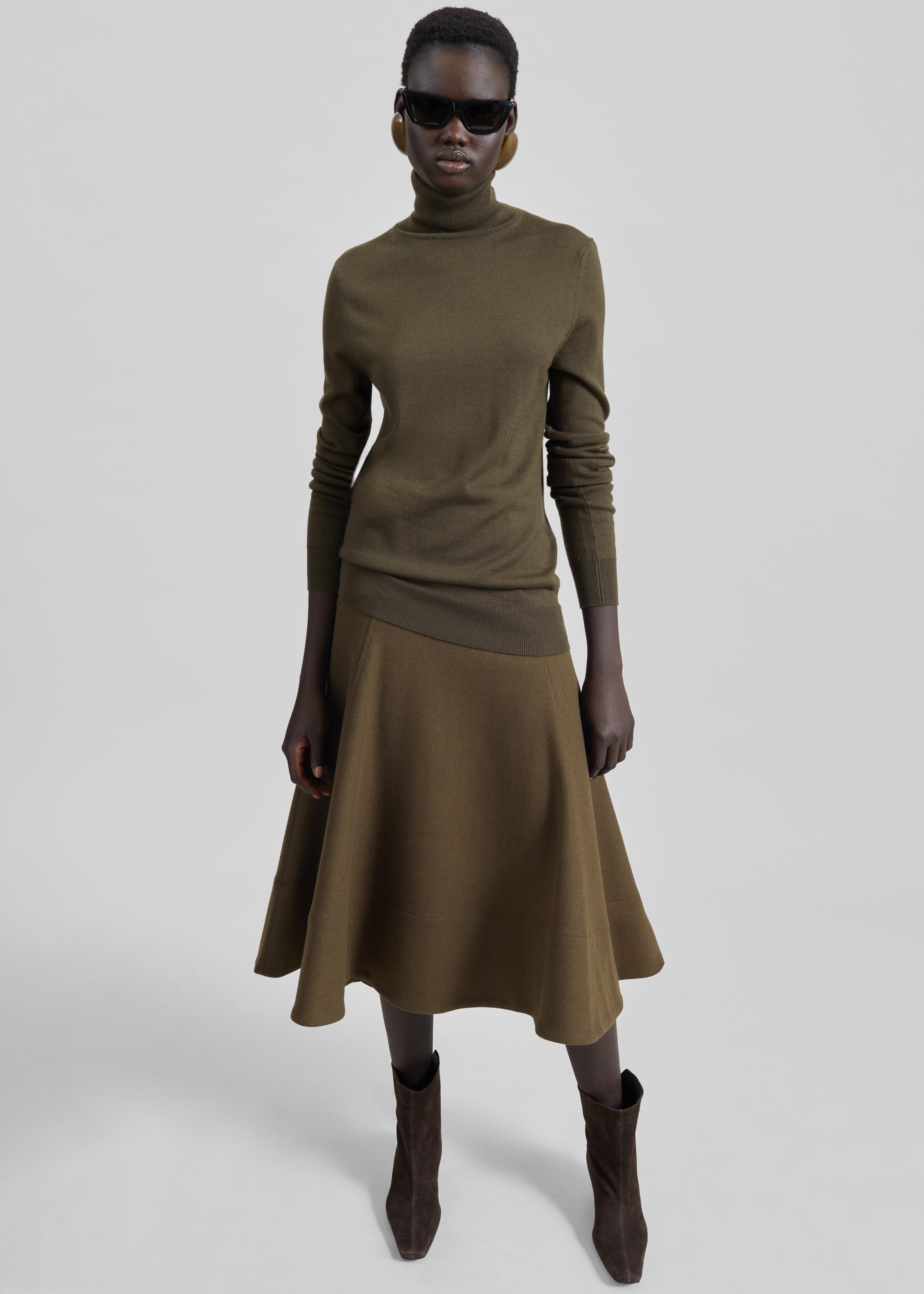 Manali Flared Midi Skirt - Olive Brown - 1