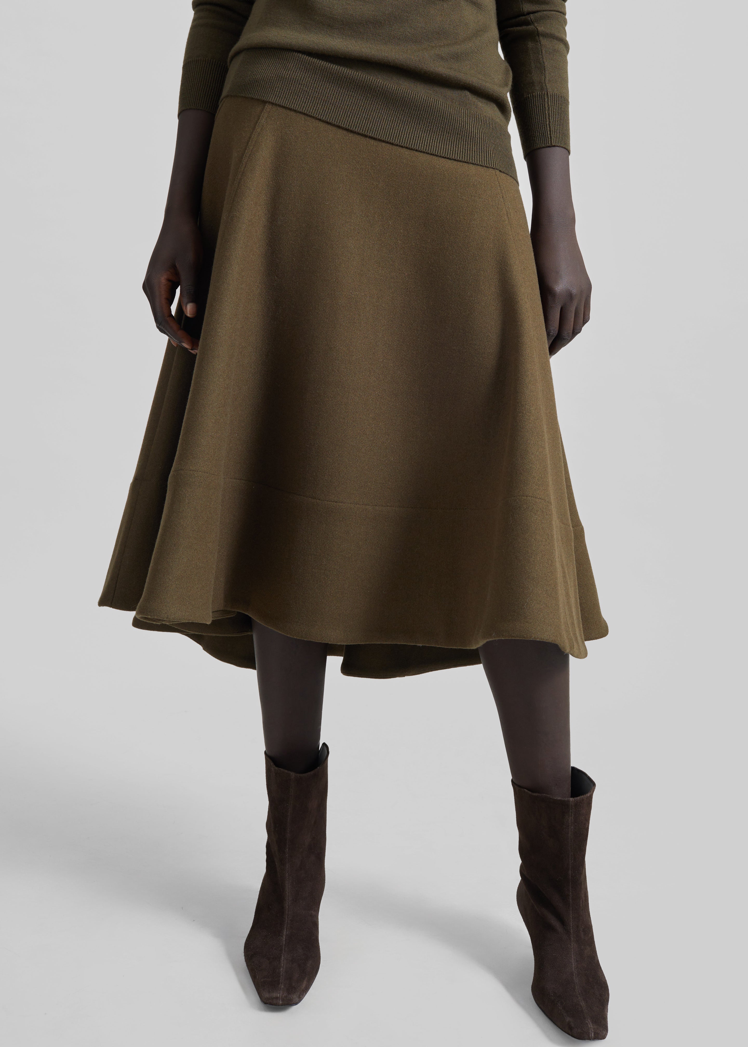 Manali Flared Midi Skirt - Olive Brown - 8