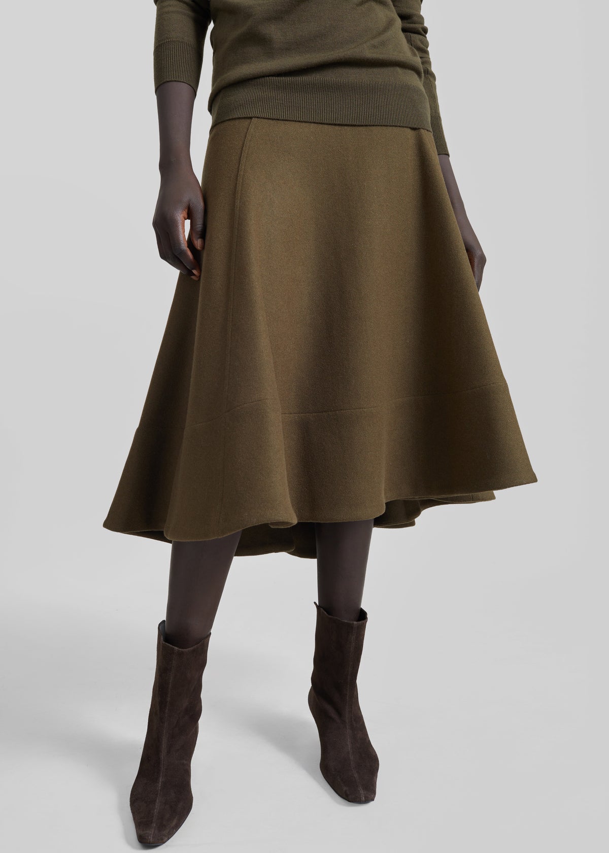 Manali Flared Midi Skirt - Olive Brown - 2