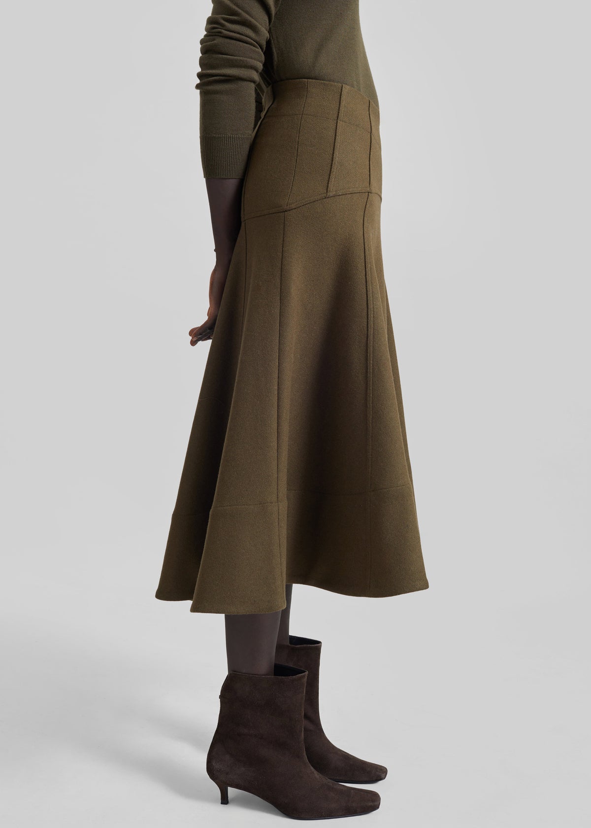 Manali Flared Midi Skirt - Olive Brown - 6