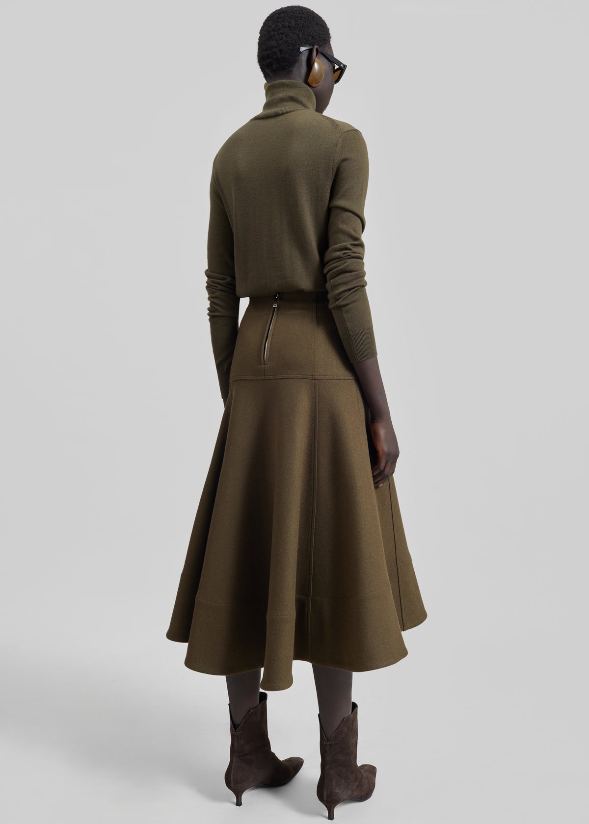 Manali Flared Midi Skirt - Olive Brown - 10