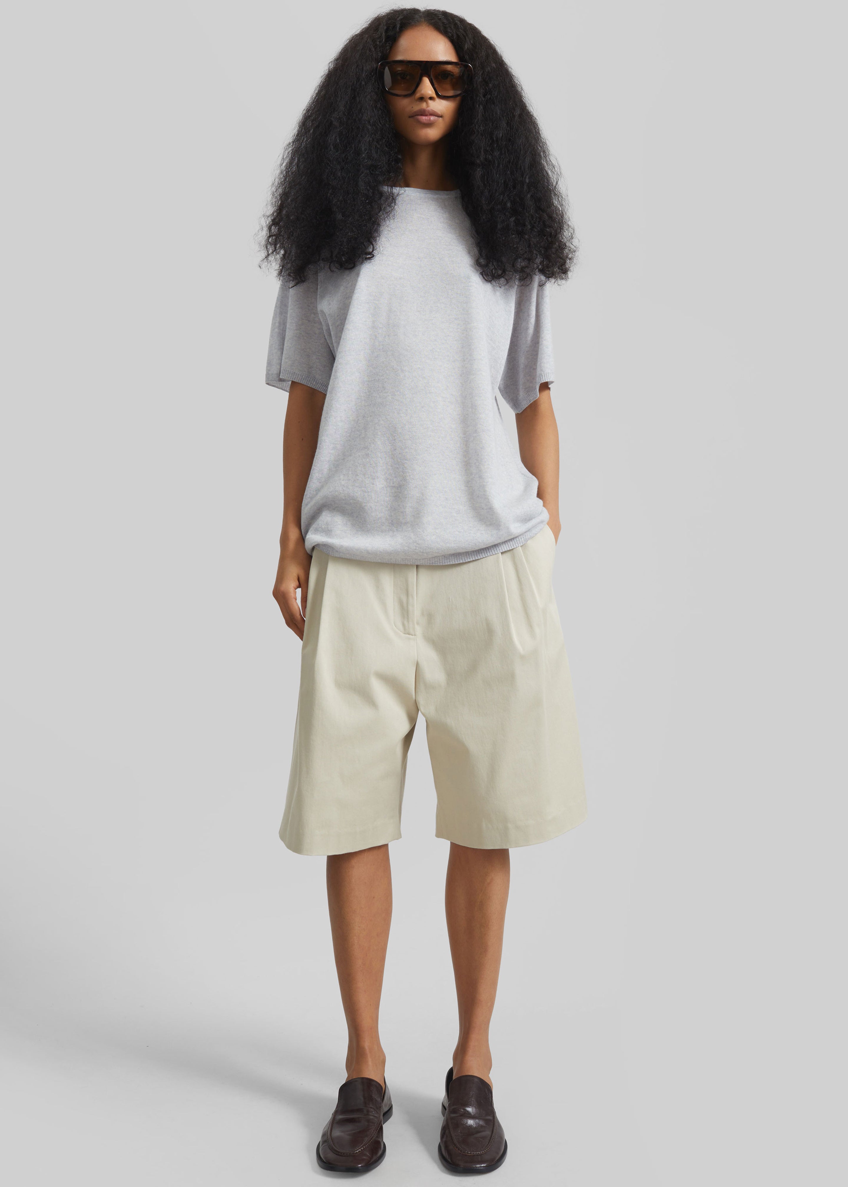 Marfa Cotton Pleated Bermuda - Light Beige - 6