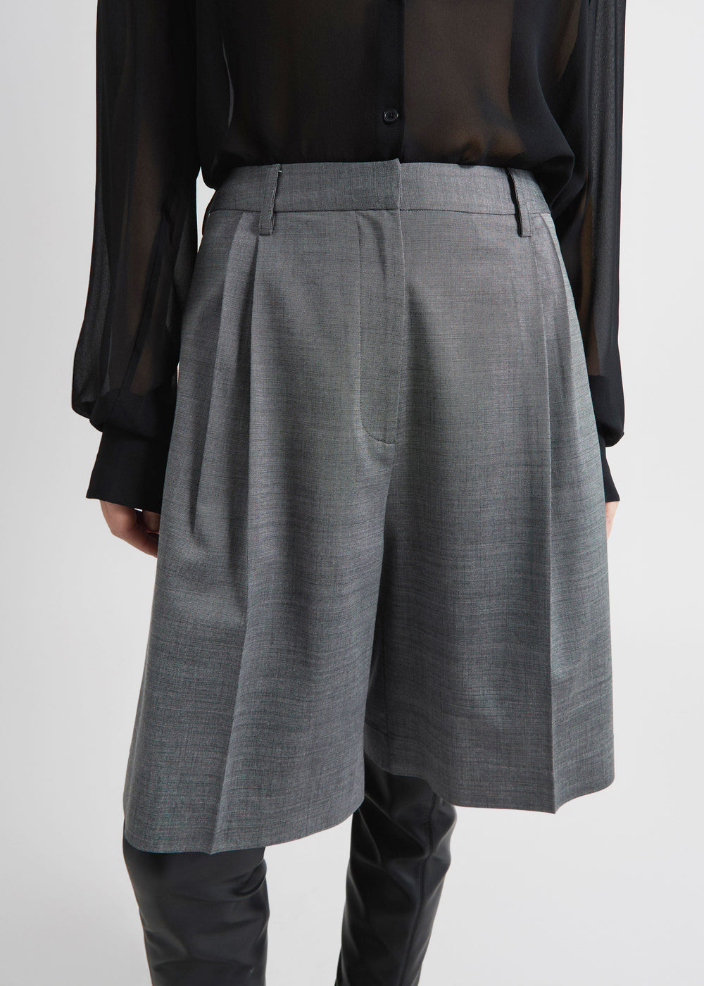 Marfa Pleated Bermuda Shorts - Grey Melange - 1