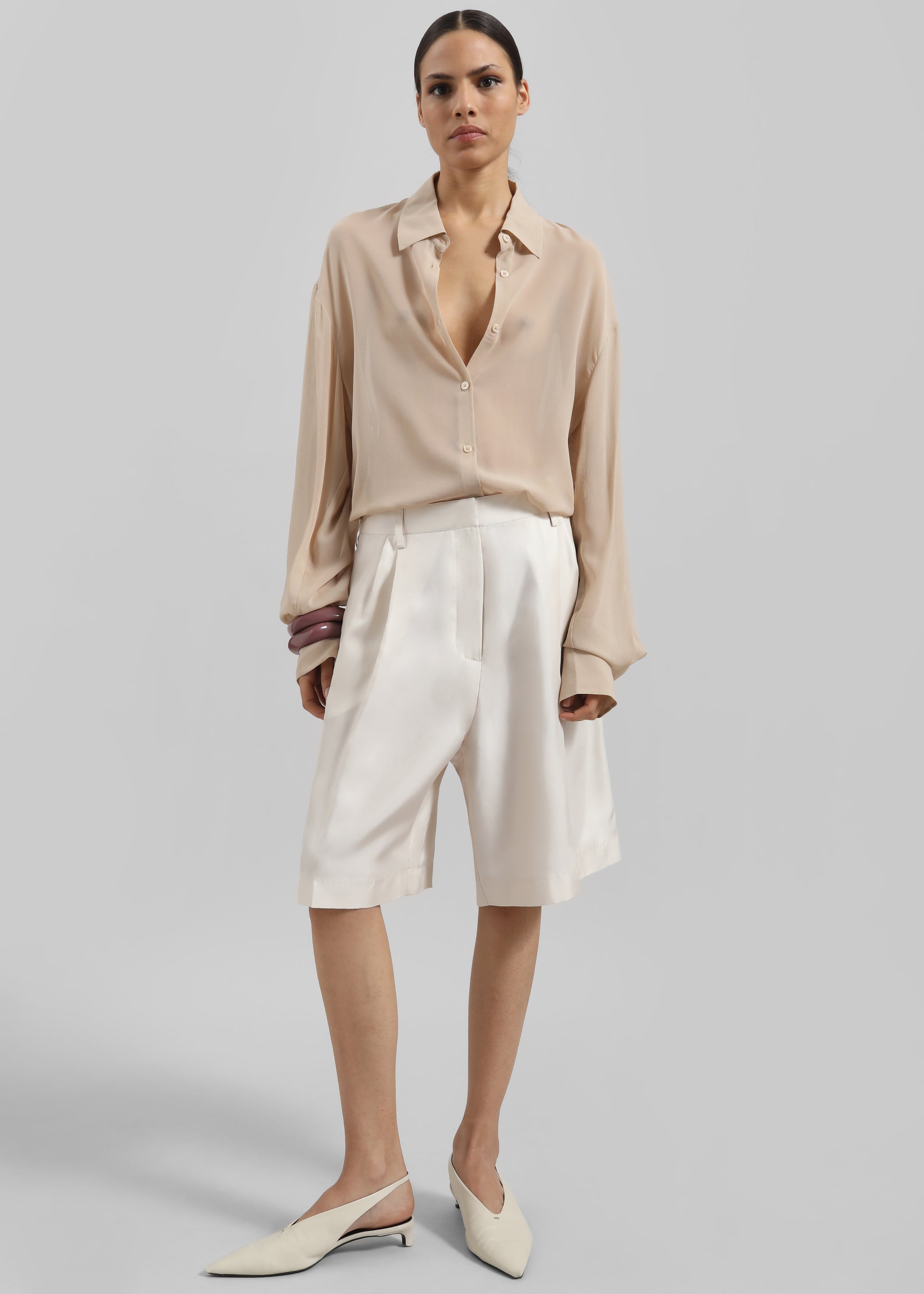 Shop the look image for Marfa Pleated Silk Bermuda Shorts - Ivory