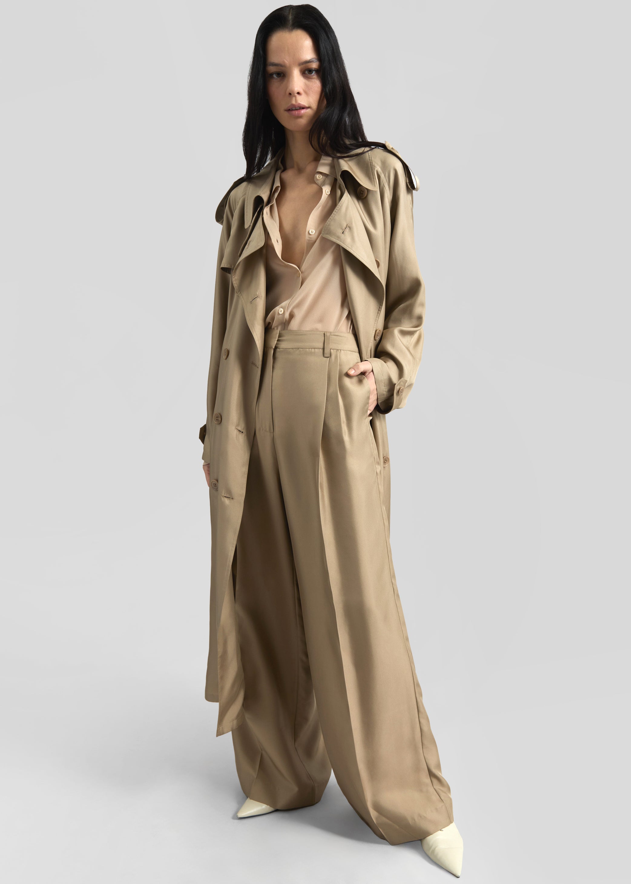 Shop the look image for Marfa Pleated Silk Trousers - Beige