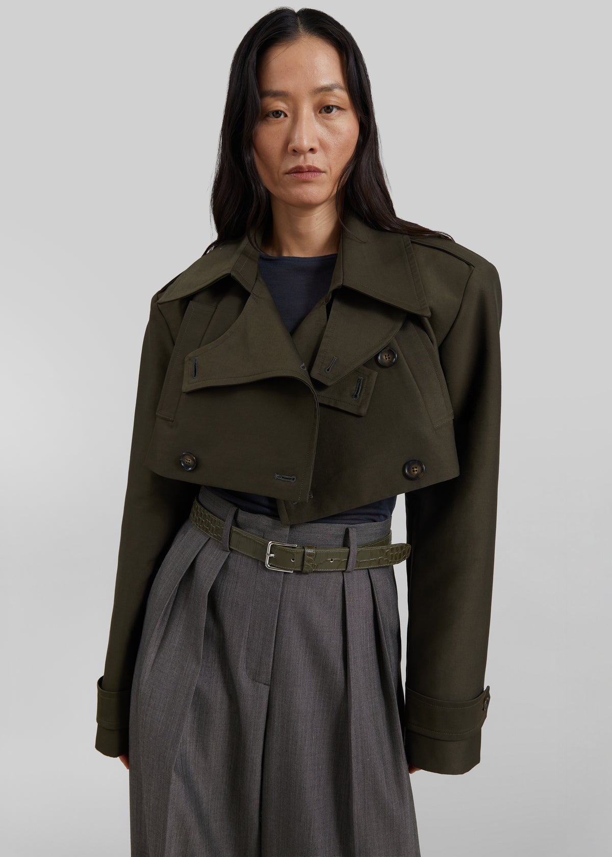 Margy Cropped Trench Coat - Dark Olive