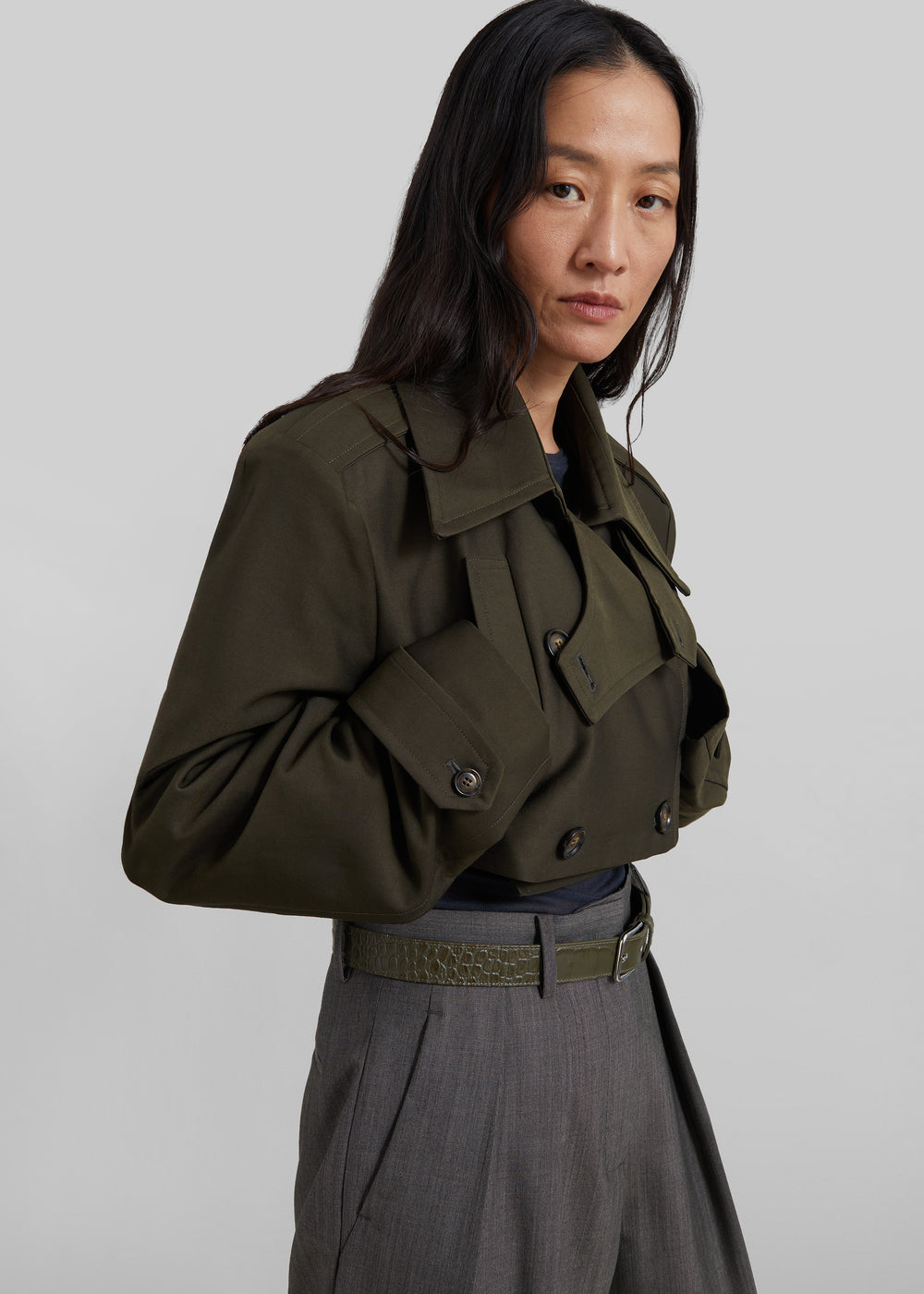 Margy Cropped Trench Coat - Dark Olive - 1