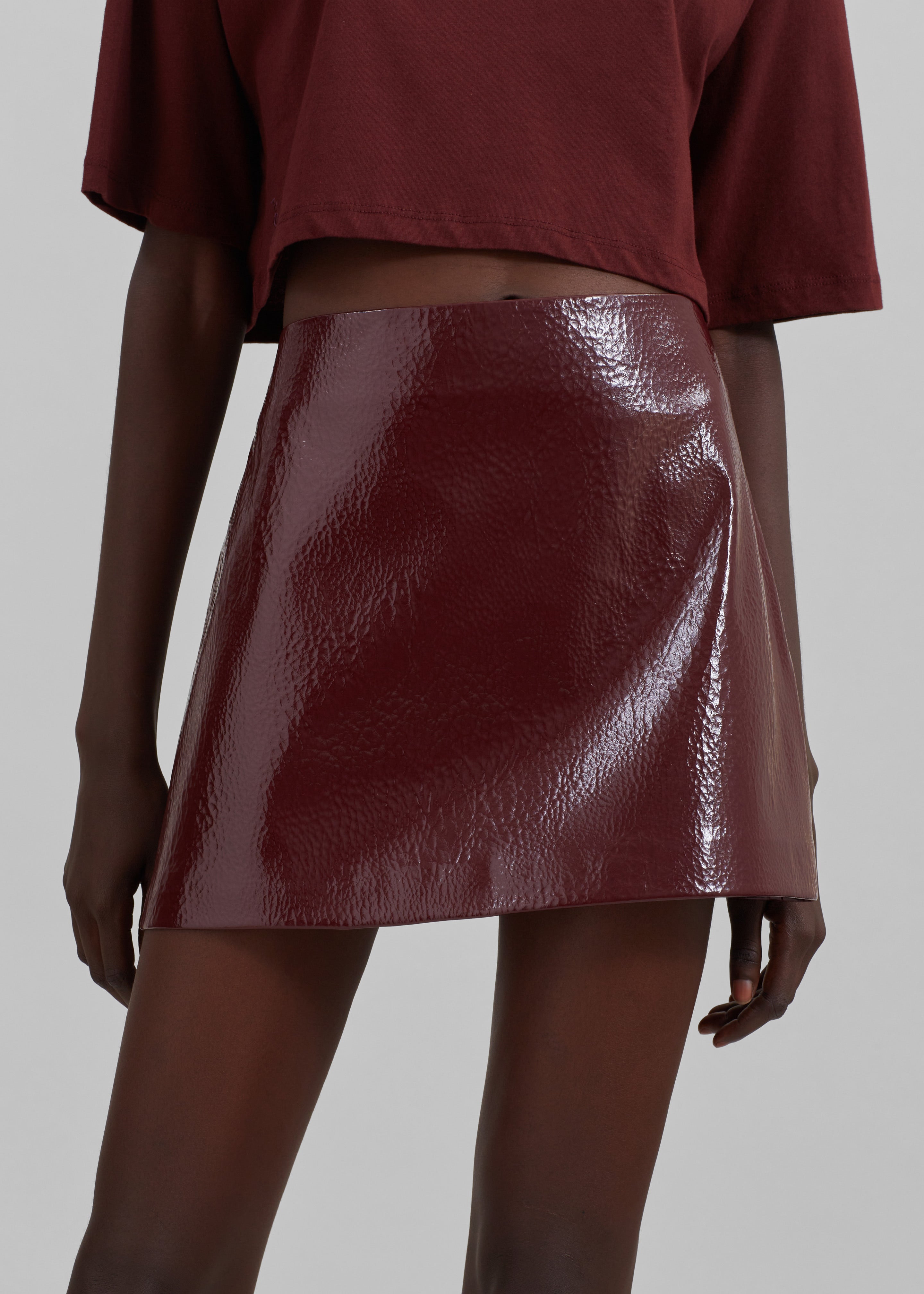 Mary Crackled Faux Leather Mini Skirt - Burgundy - 1