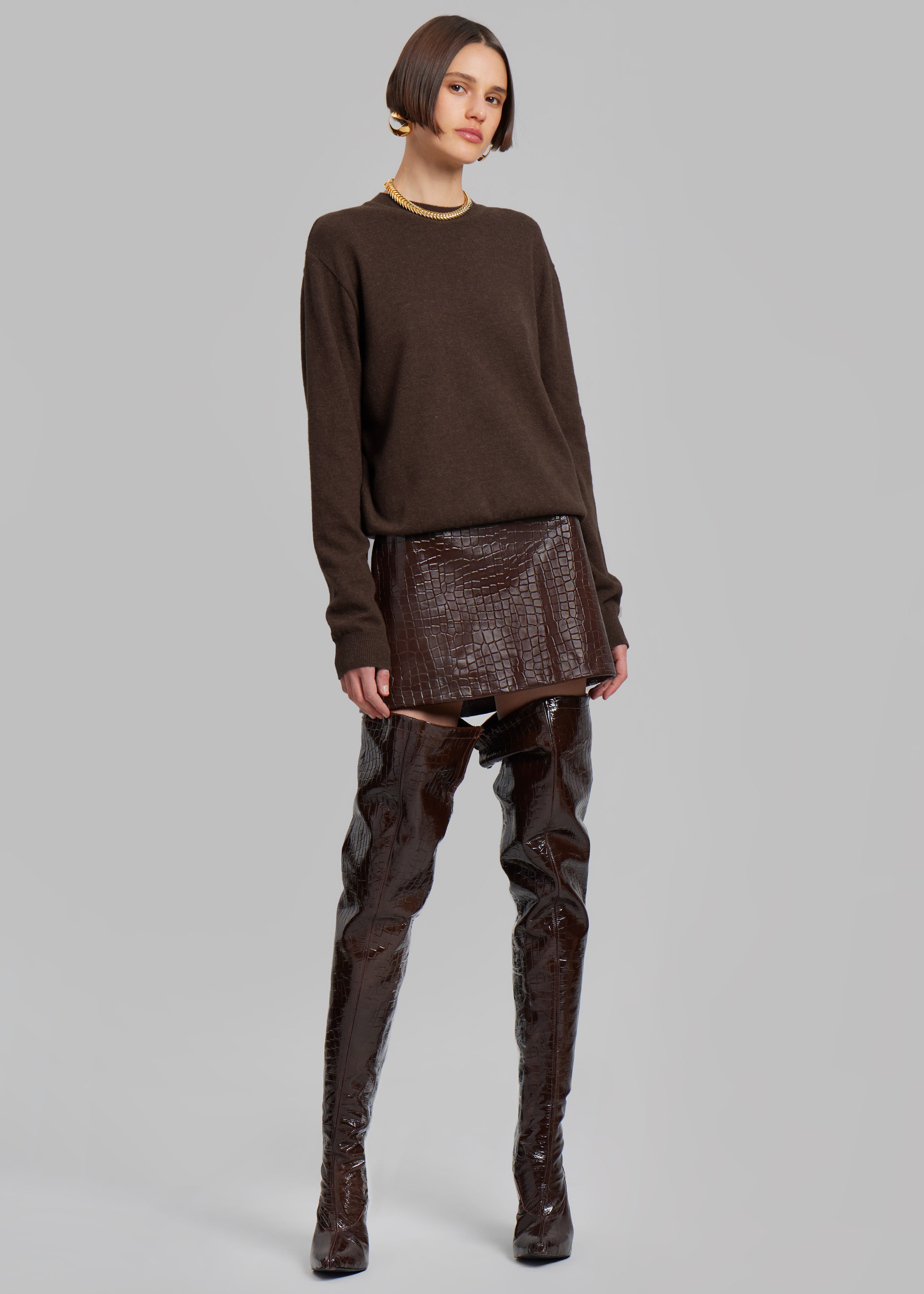 Mary Croc-Effect Mini Skirt - Brown - 3