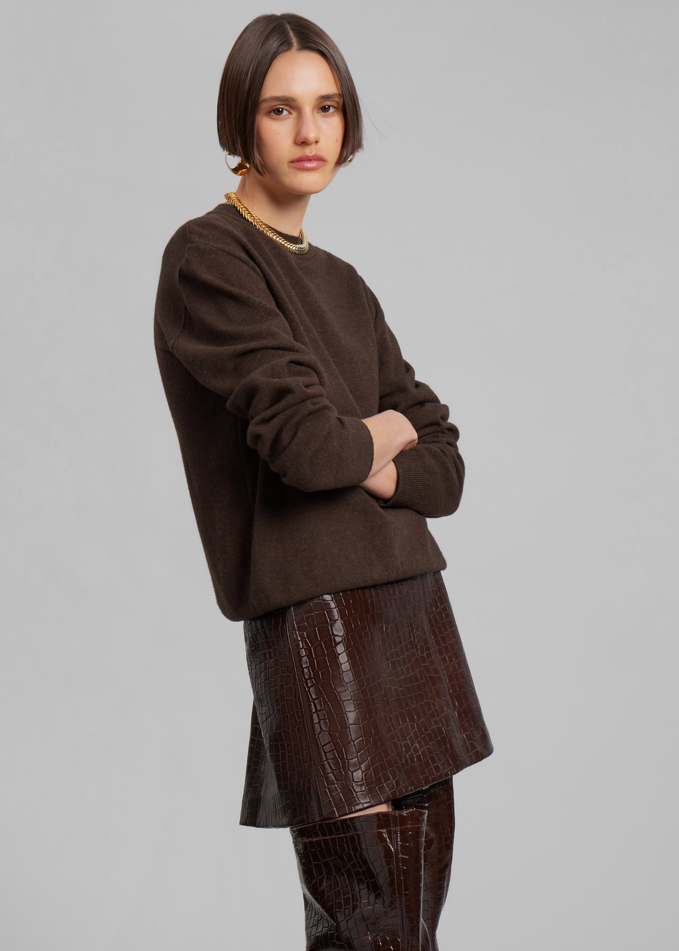 Mary Croc-Effect Mini Skirt - Brown - 1