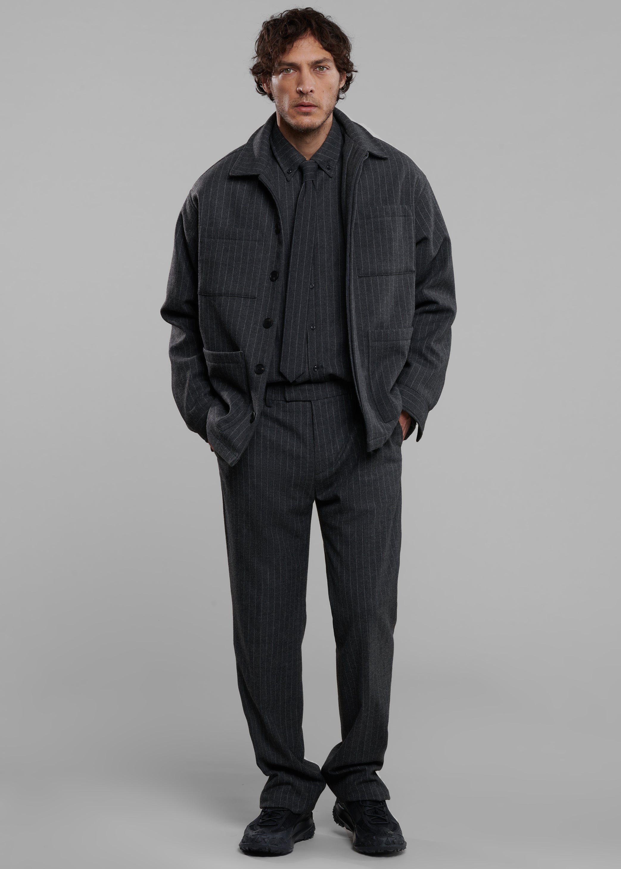 Shop the look image for Mason Boxy Wool Jacket - Dark Grey/White Pinstripe