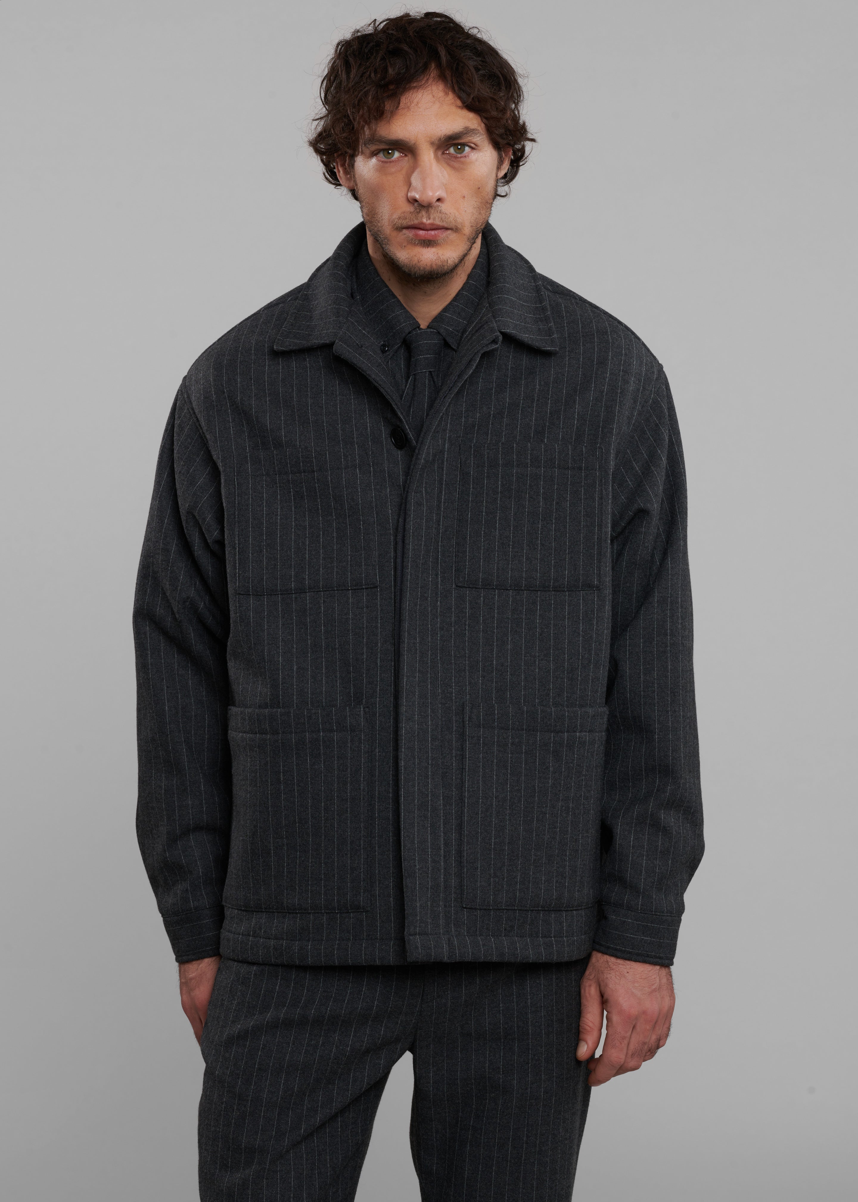 Mason Boxy Wool Jacket - Dark Grey/White Pinstripe - 7