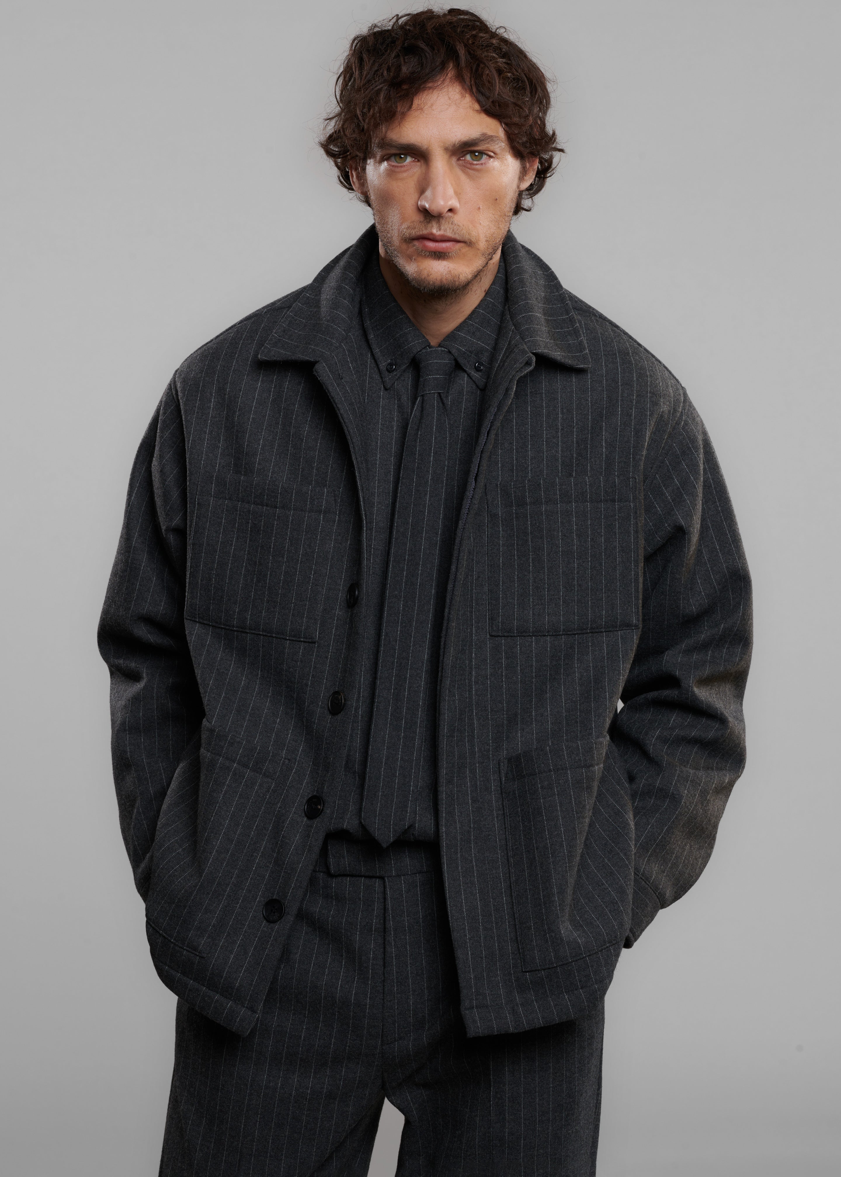 Mason Boxy Wool Jacket - Dark Grey/White Pinstripe - 1