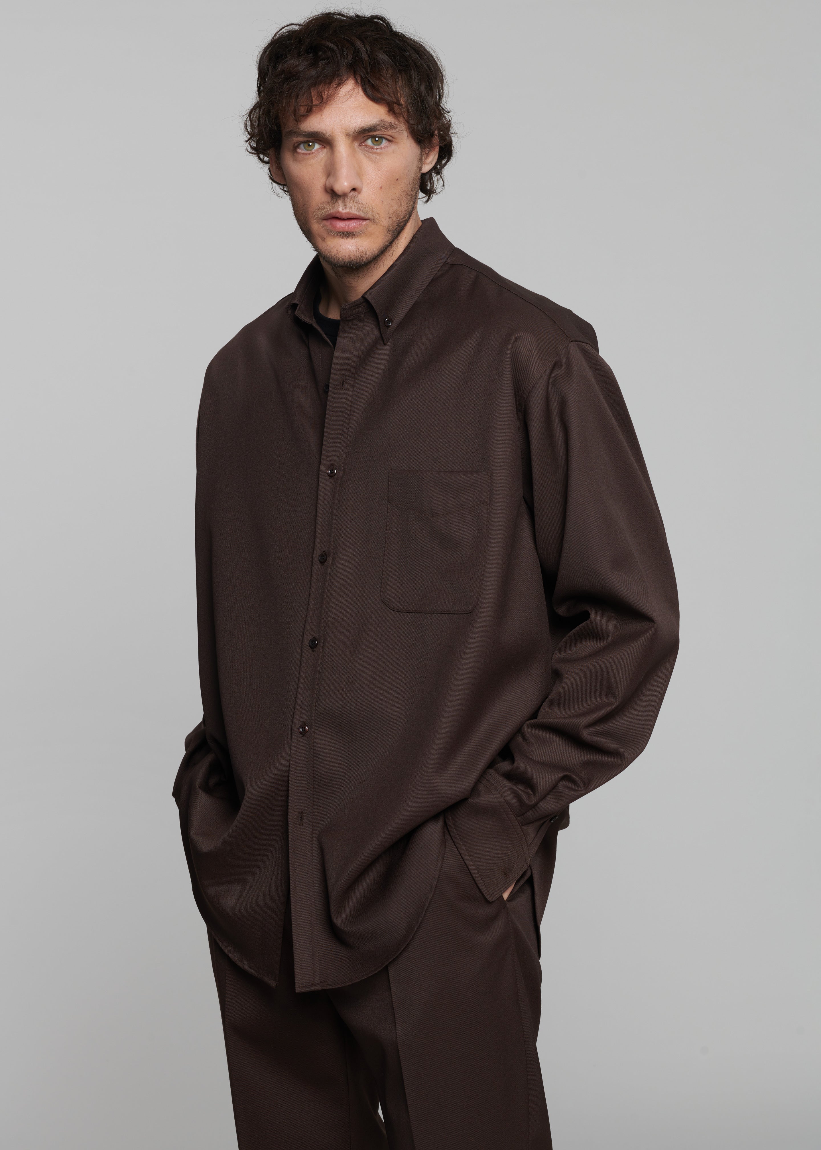 Mason Wool Button Up Shirt - Brown - 4