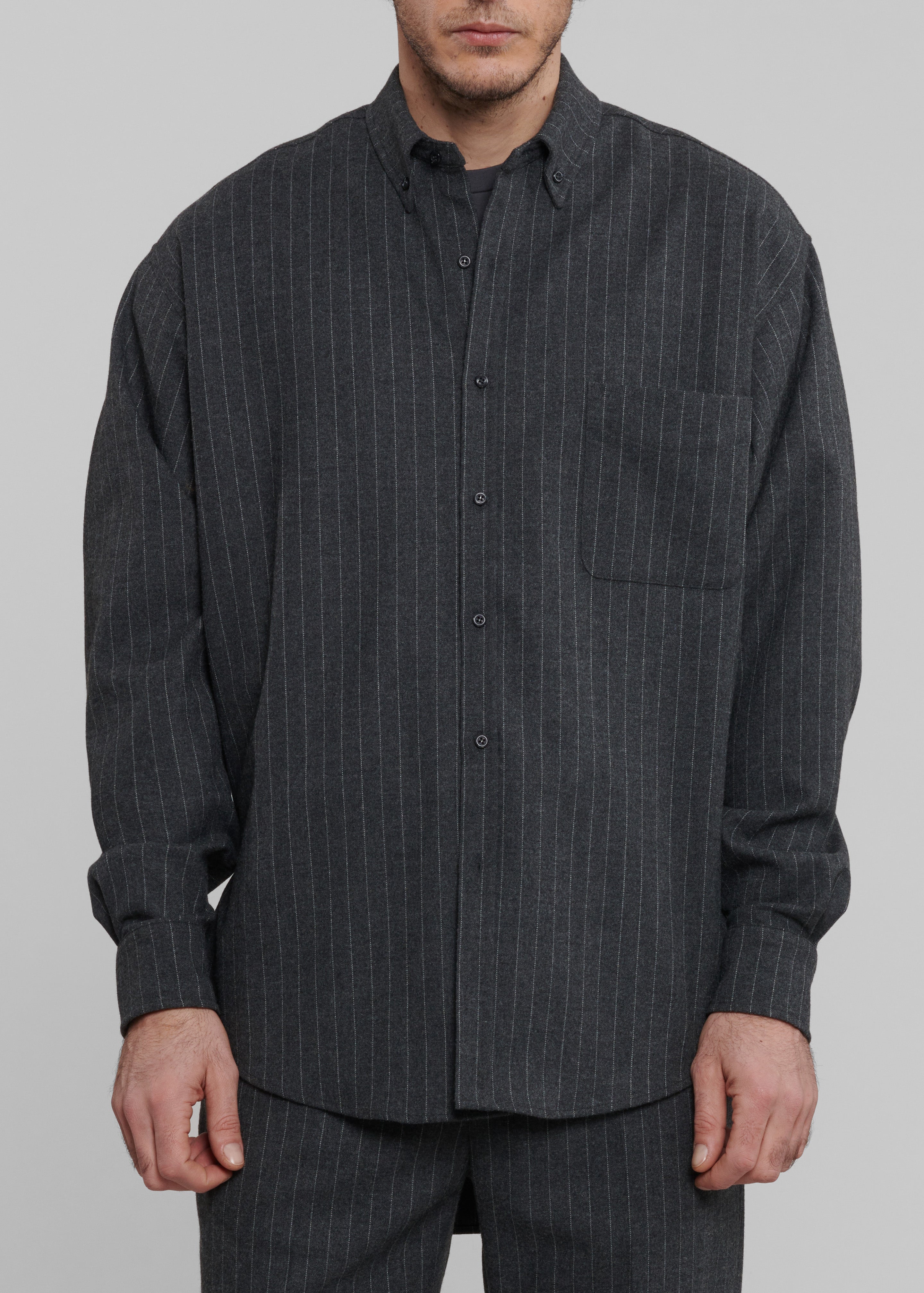 Mason Wool Button Up Shirt - Dark Grey/White Pinstripe - 3