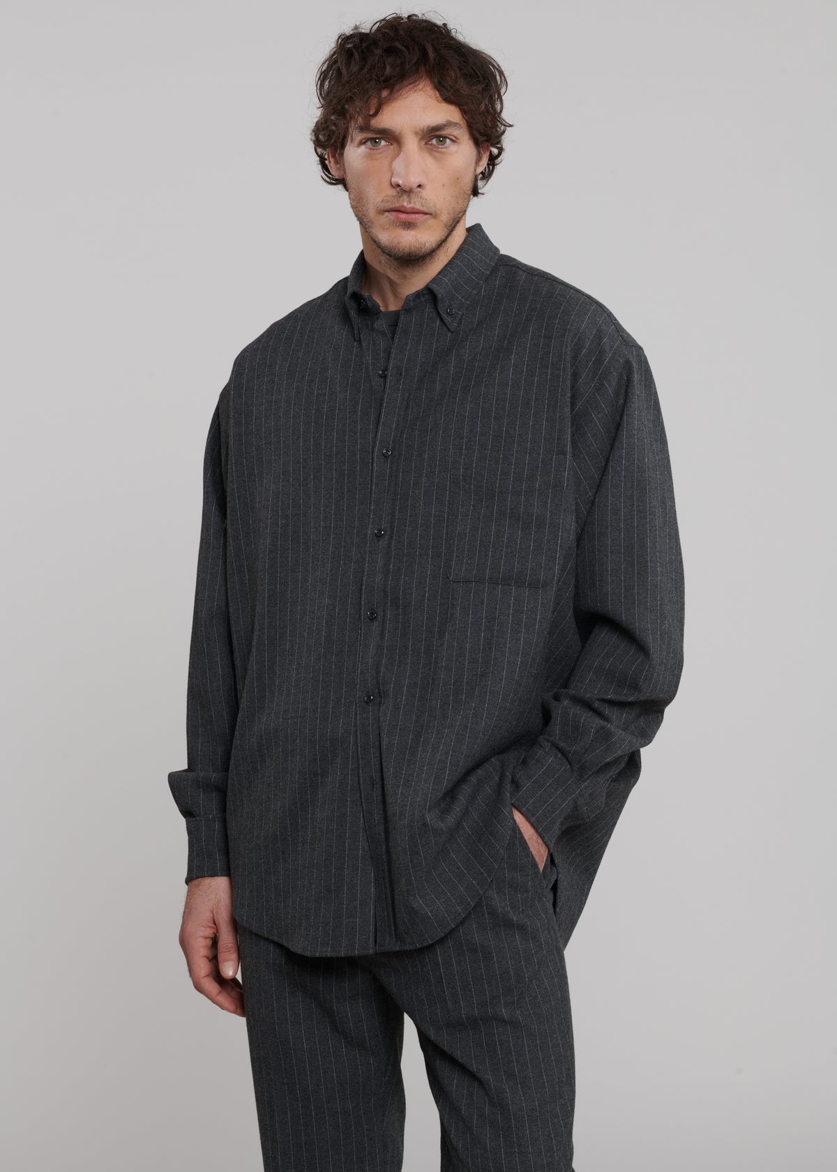 Mason Wool Button Up Shirt - Dark Grey/White Pinstripe Mason Wool Button Up Shirt - Dark Grey/White Pinstripe
