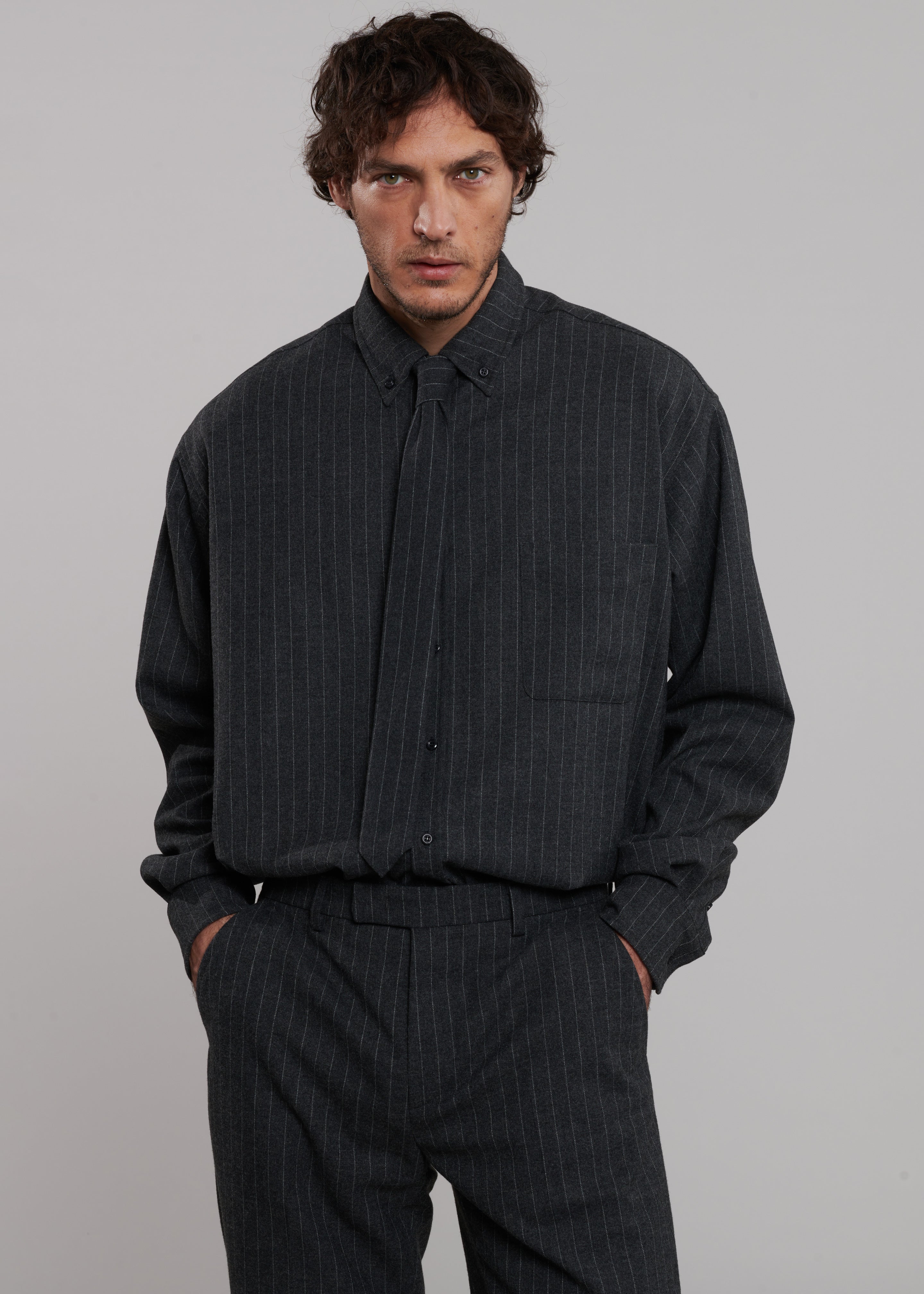 Mason Wool Button Up Shirt - Dark Grey/White Pinstripe - 2