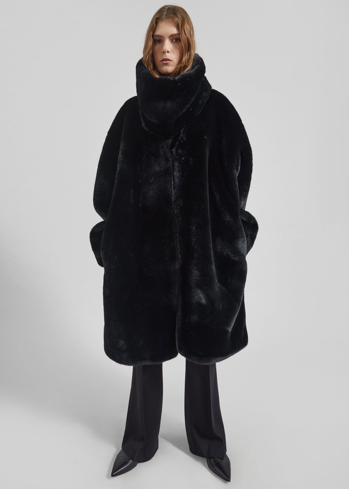 Matera Collarless Faux Fur Coat - Black - 7