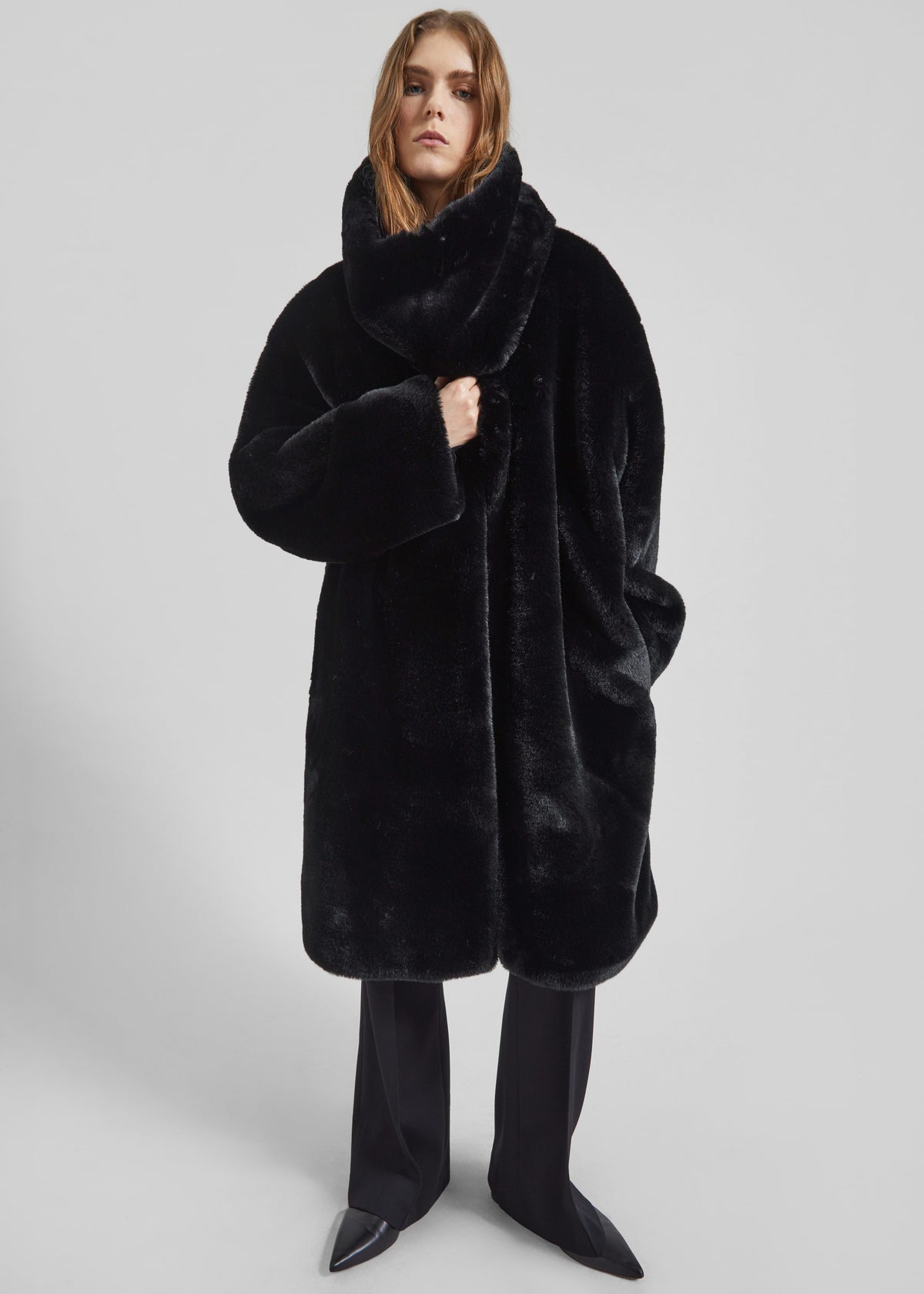 Matera Collarless Faux Fur Coat - Black - 1
