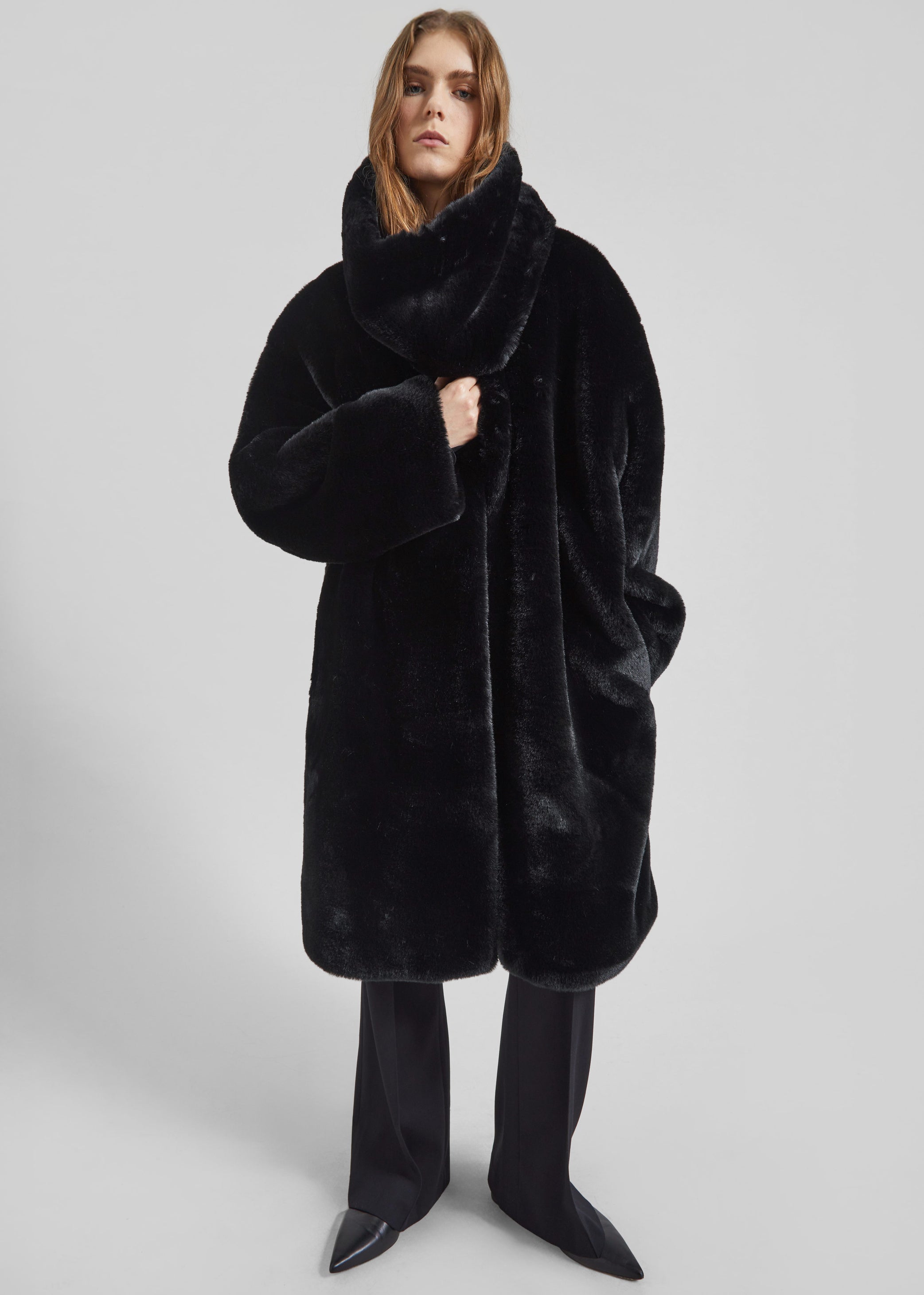 Shop the look image for Matera Collarless Faux Fur Coat - Black