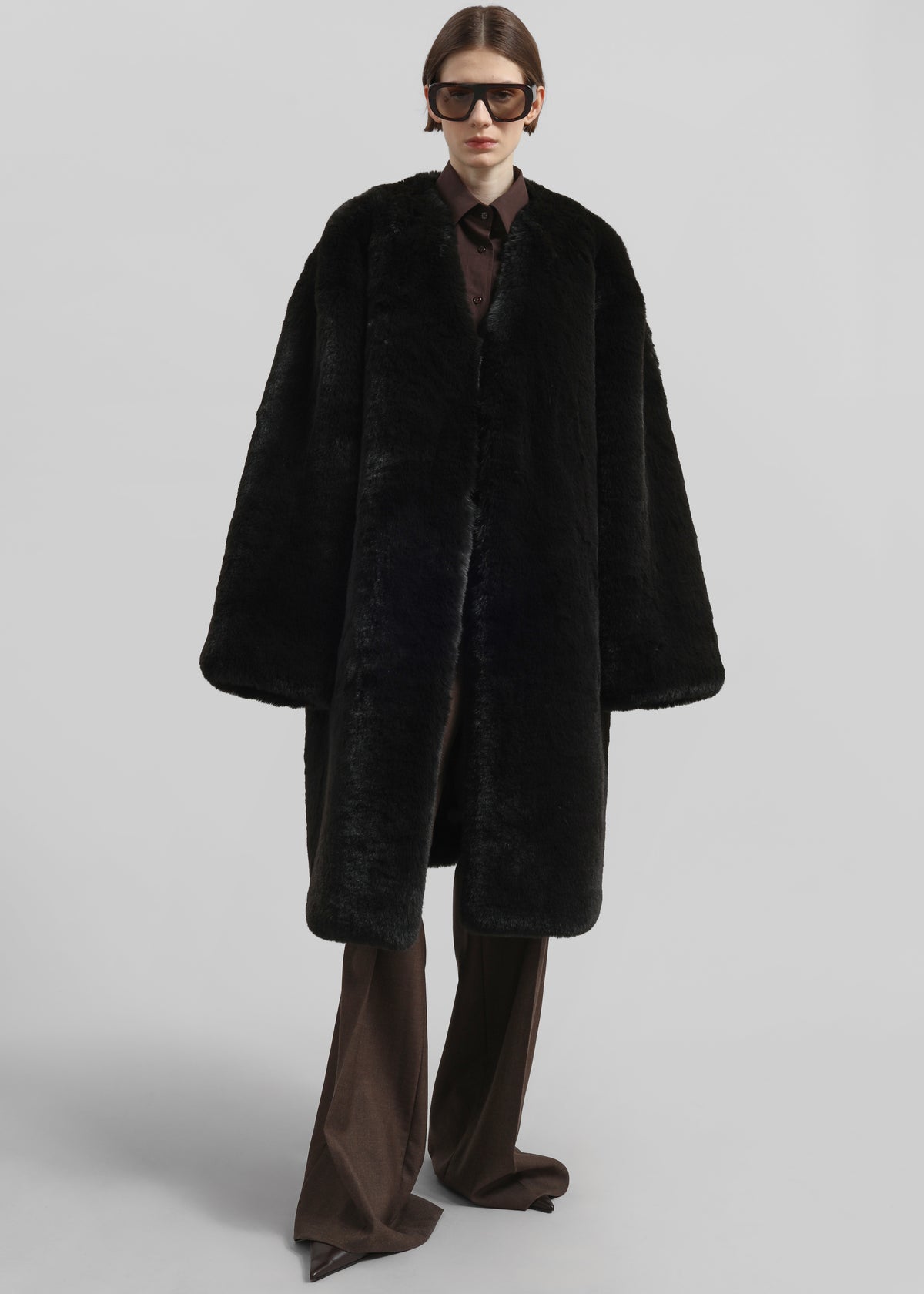 Matera Collarless Faux Fur Coat - Black - 4