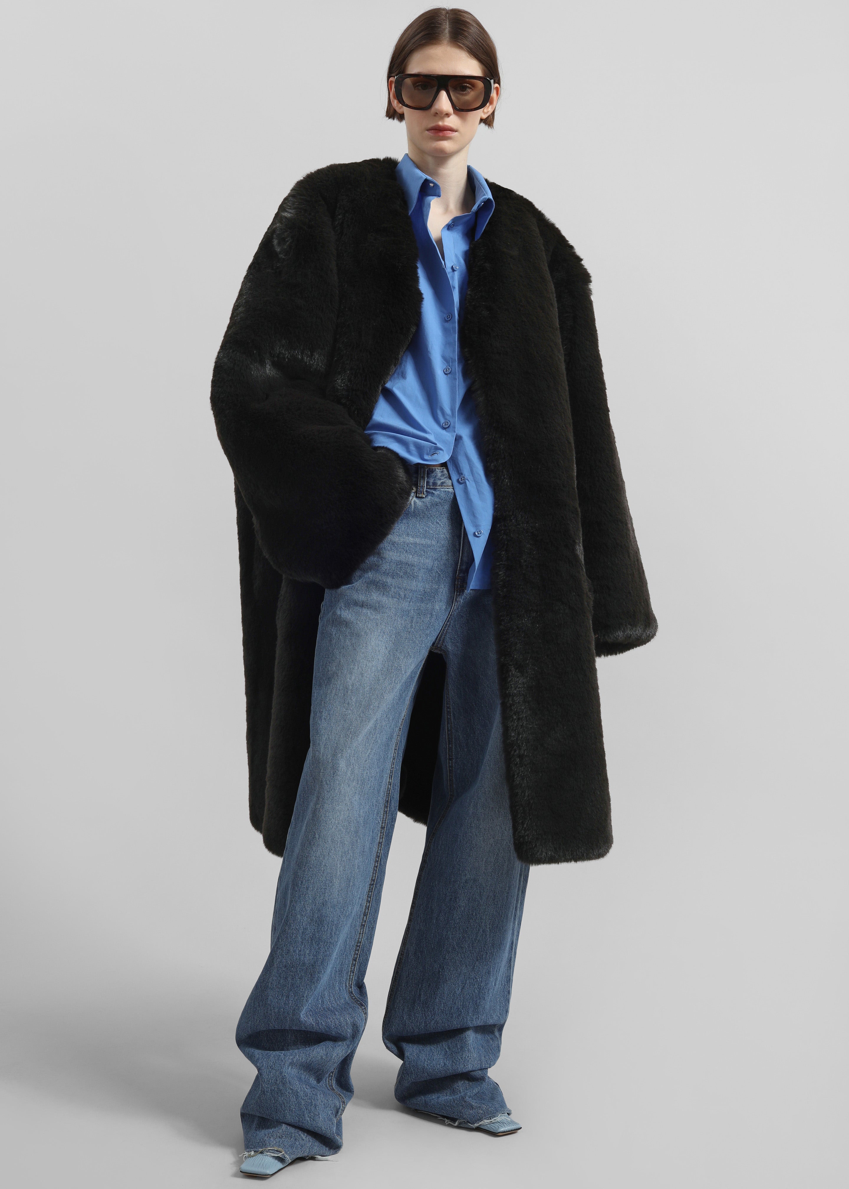 Matera Collarless Faux Fur Coat - Black - 5