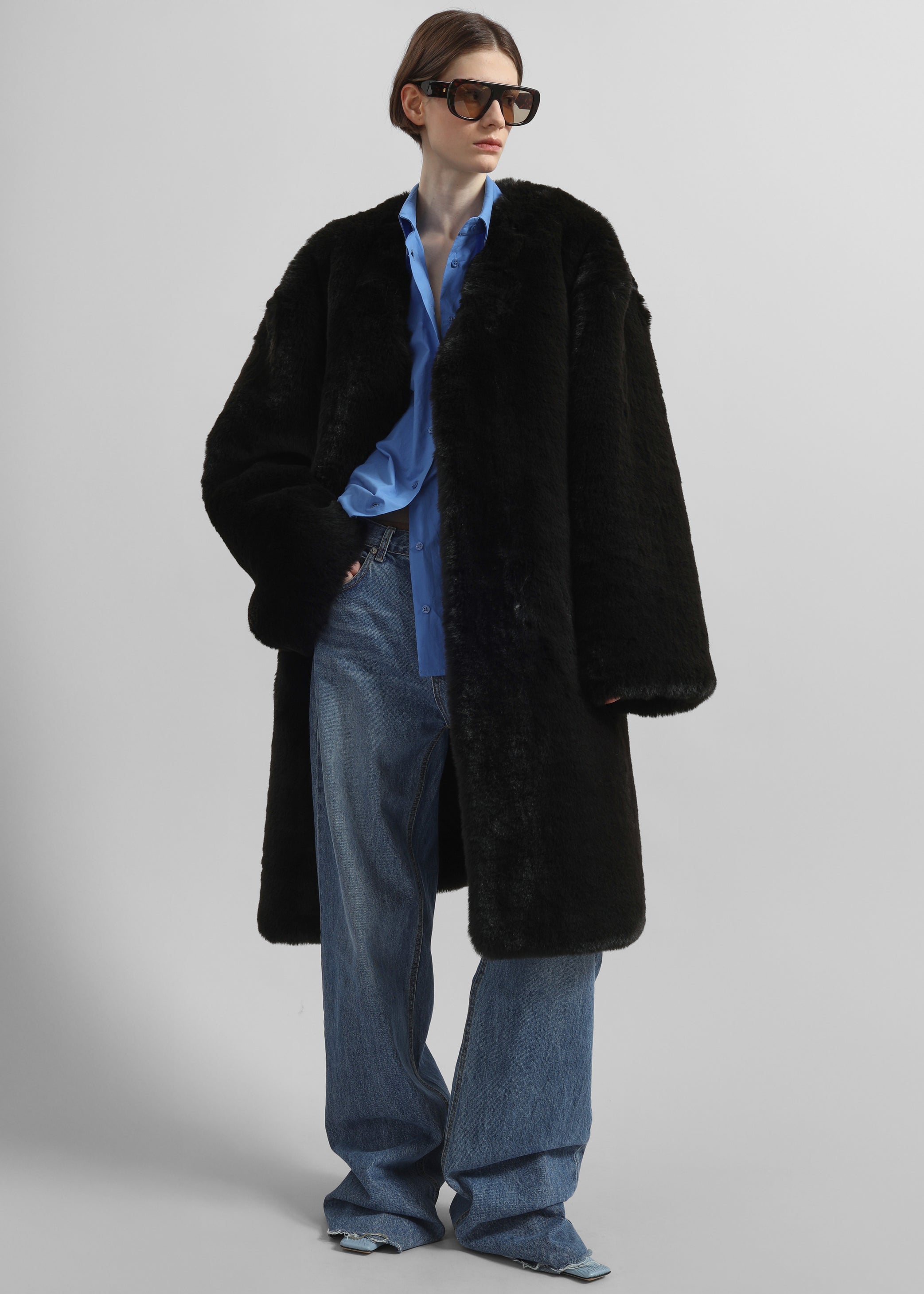 Shop the look image for Matera Collarless Faux Fur Coat - Black
