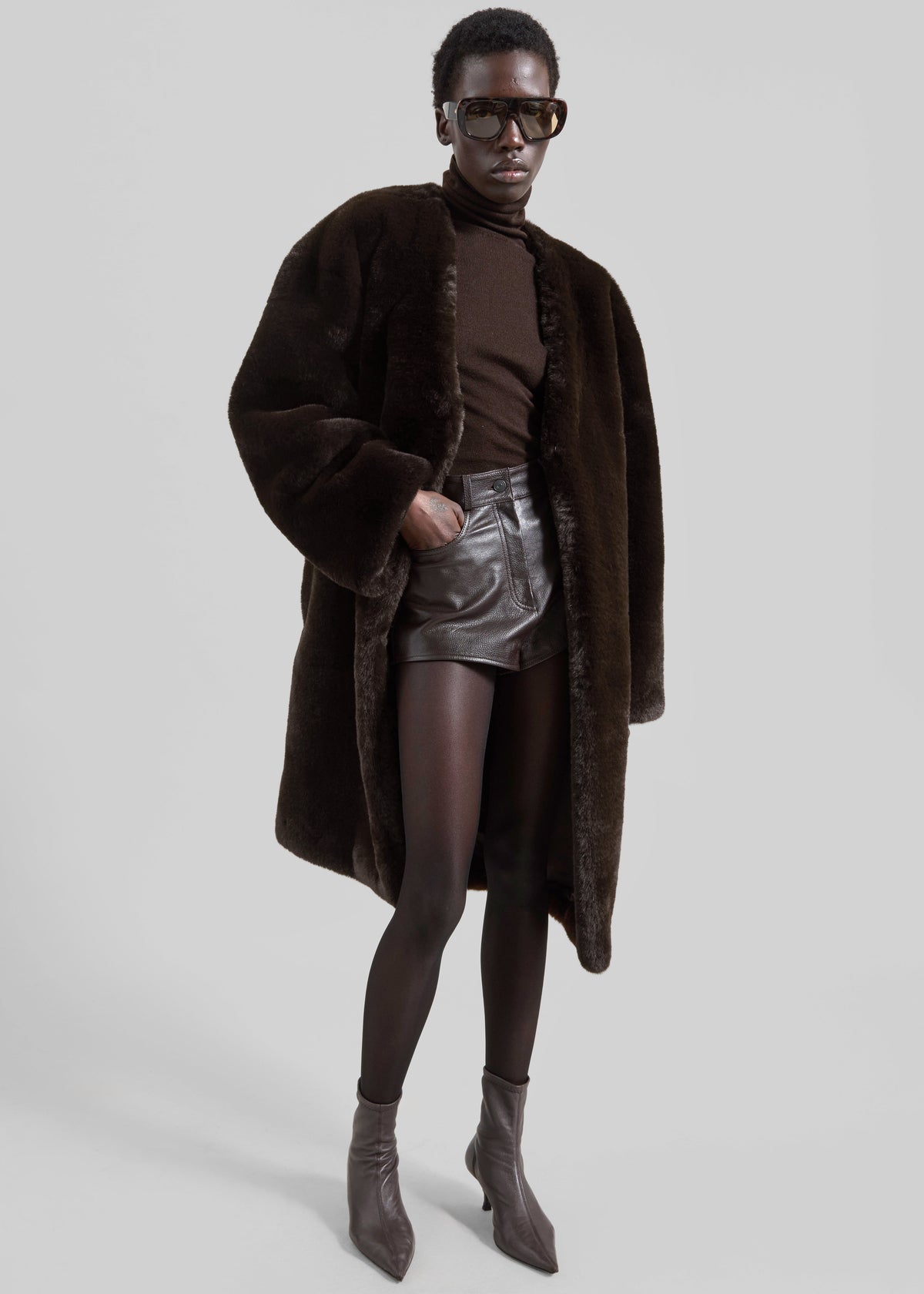 Matera Collarless Faux Fur Coat - Brown - 1