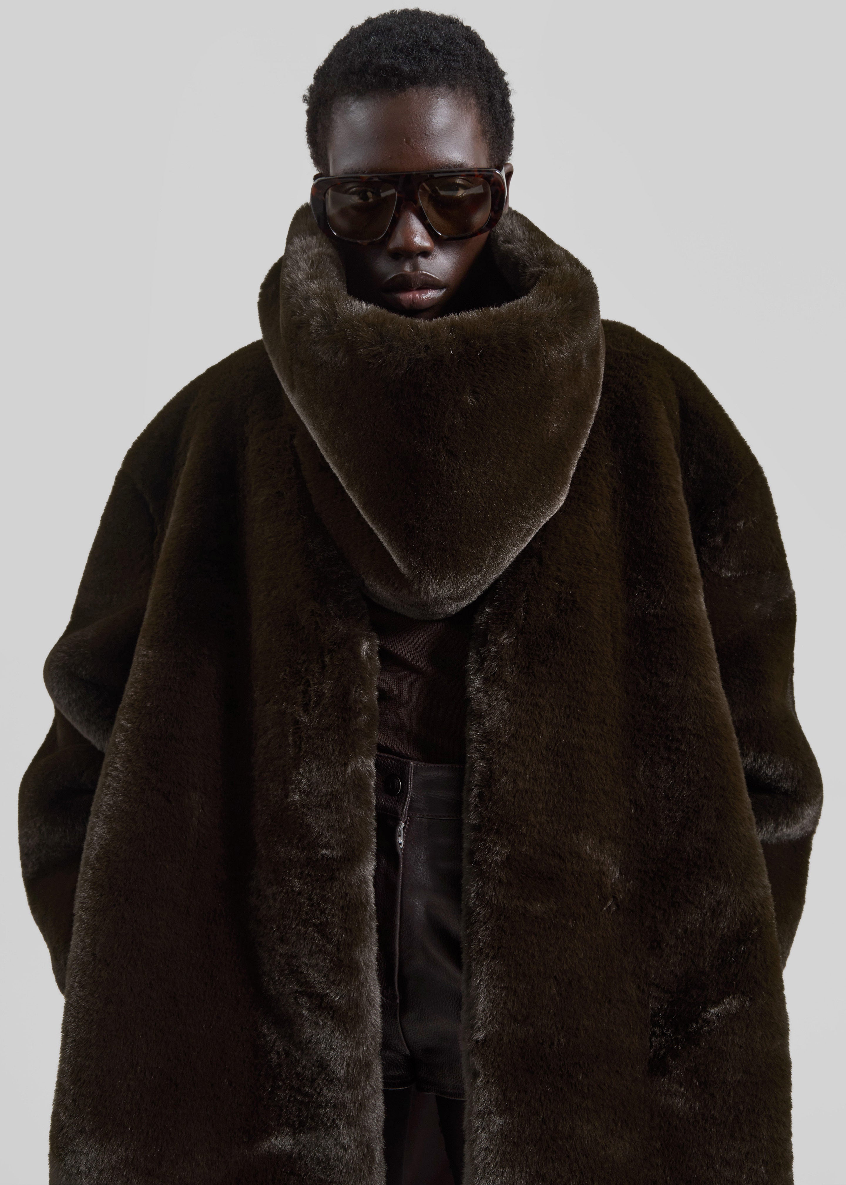 Matera Collarless Faux Fur Coat - Brown - 4