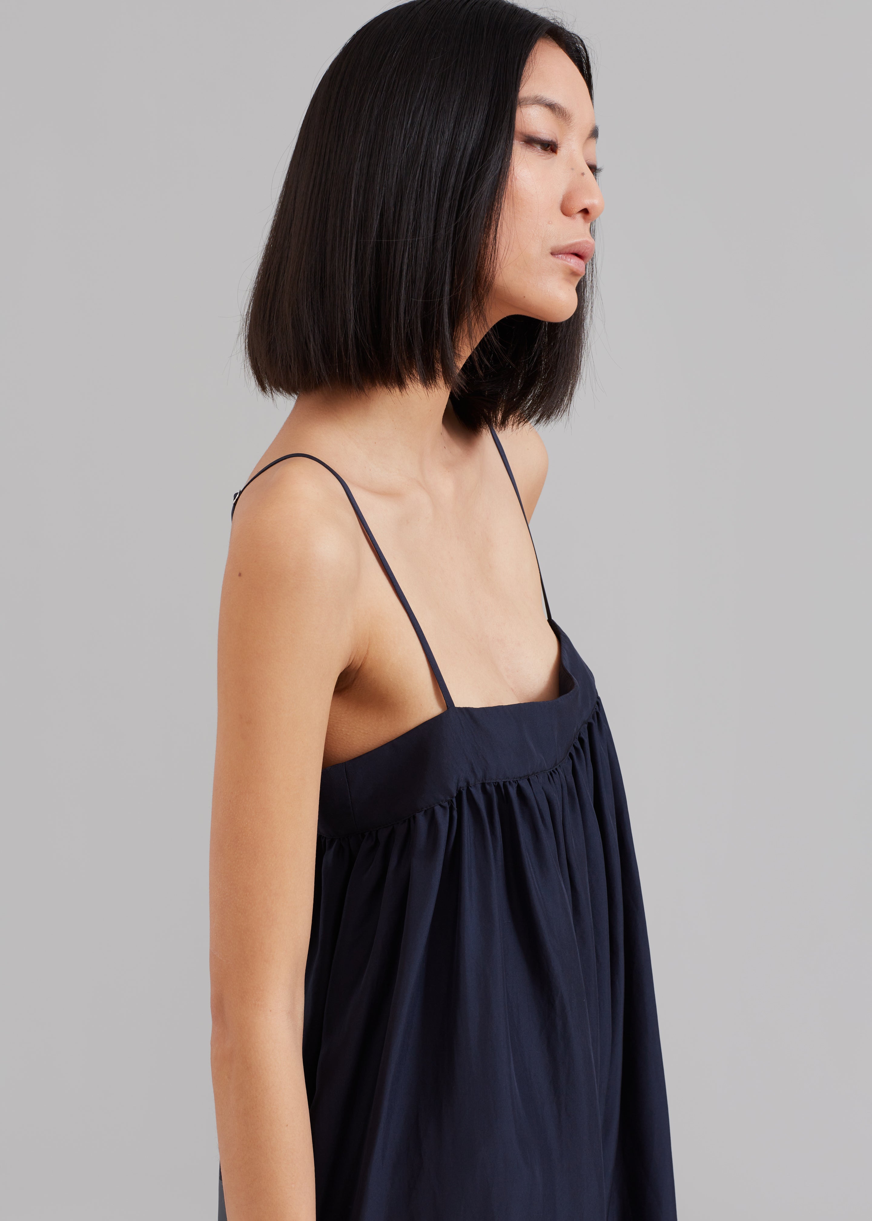 Maude Gathered Silk Jumpsuit - Navy – The Frankie Shop