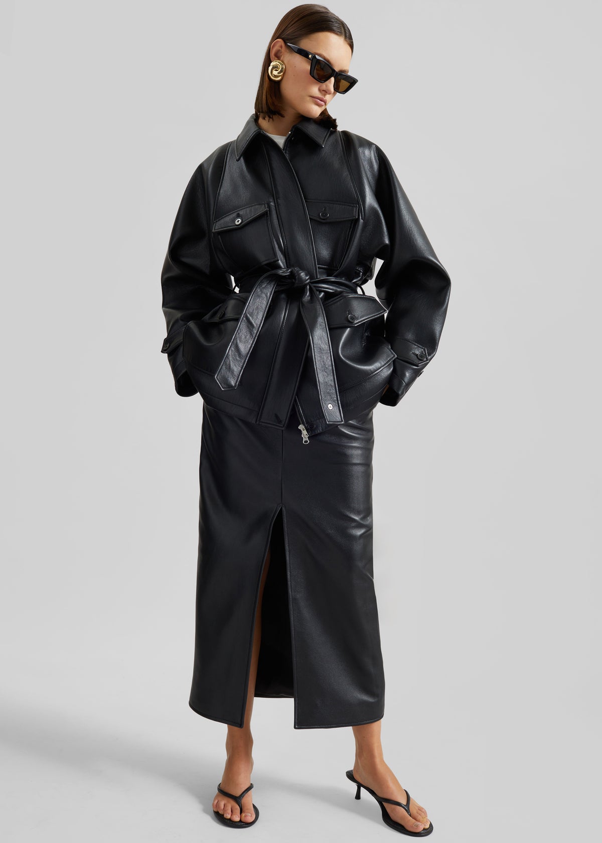 Maybelle Faux Leather Front Slit Pencil Skirt - Black - 3