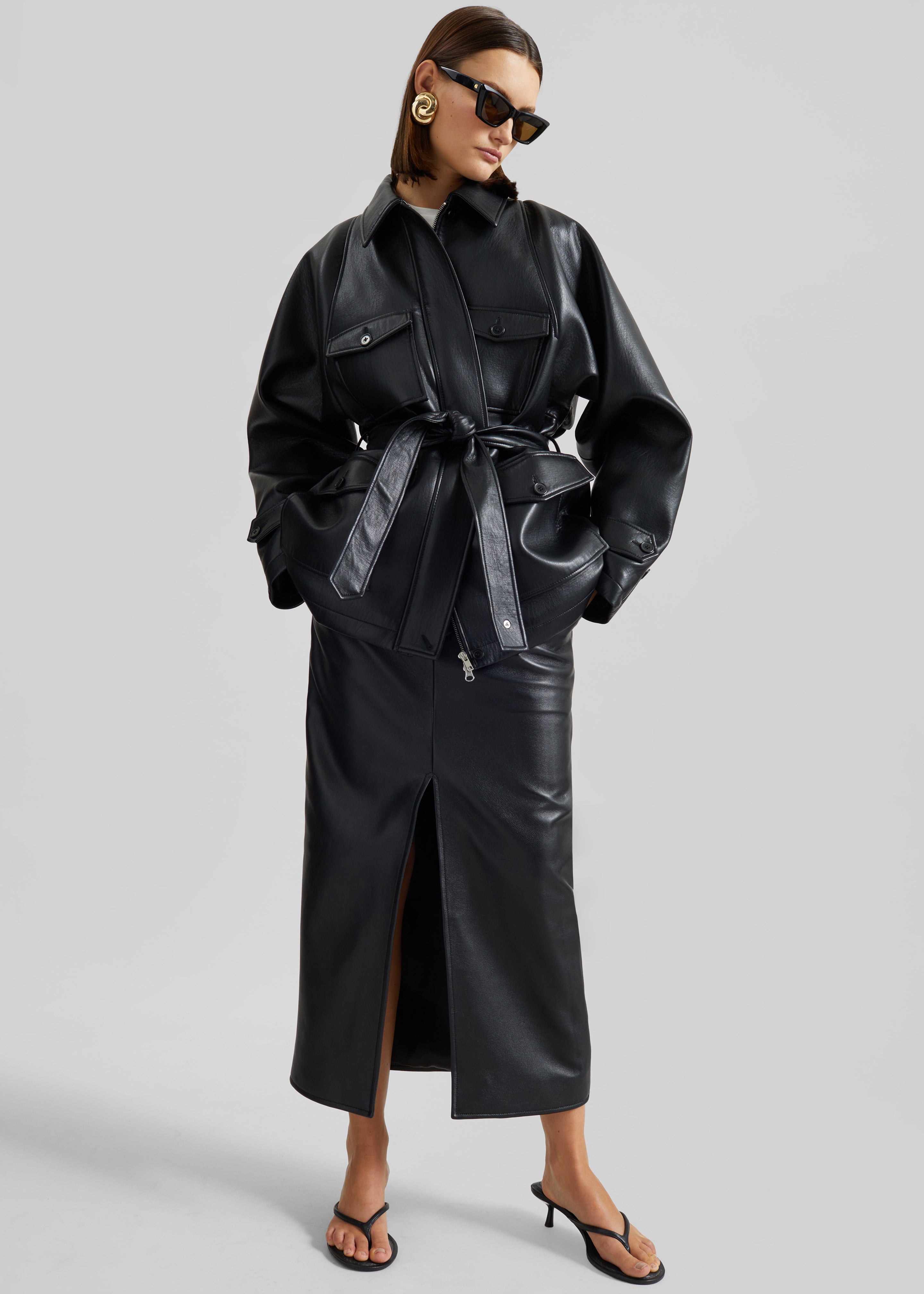 Maybelle Faux Leather Front Slit Pencil Skirt - Black - 3