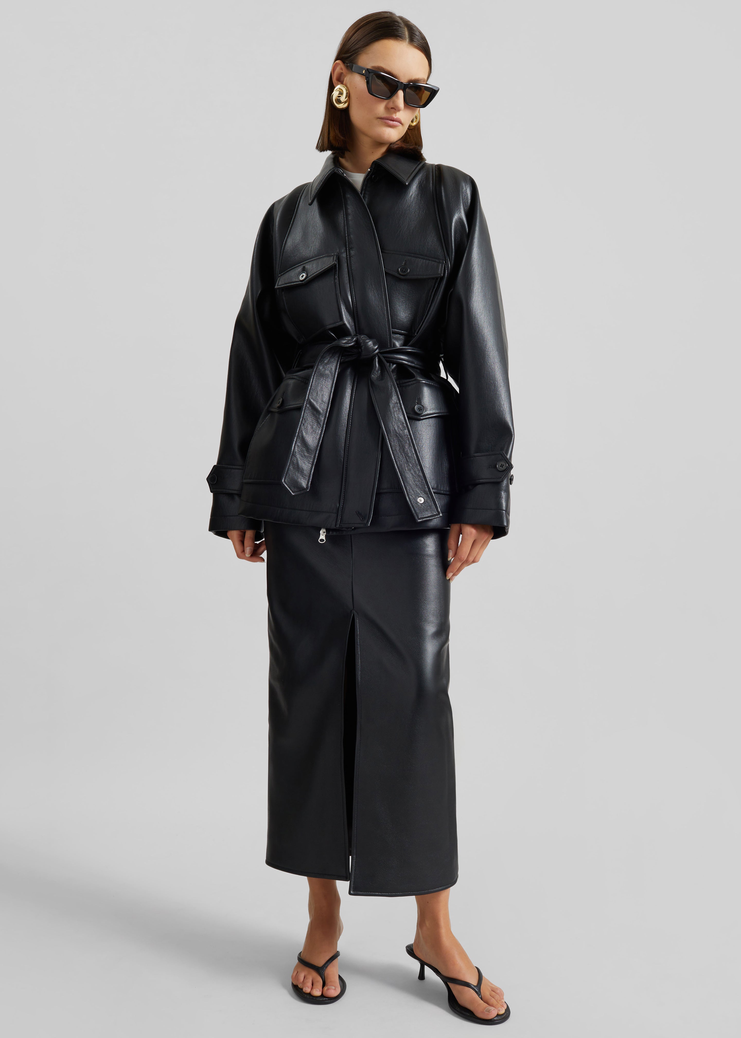 Maybelle Faux Leather Front Slit Pencil Skirt - Black - 4