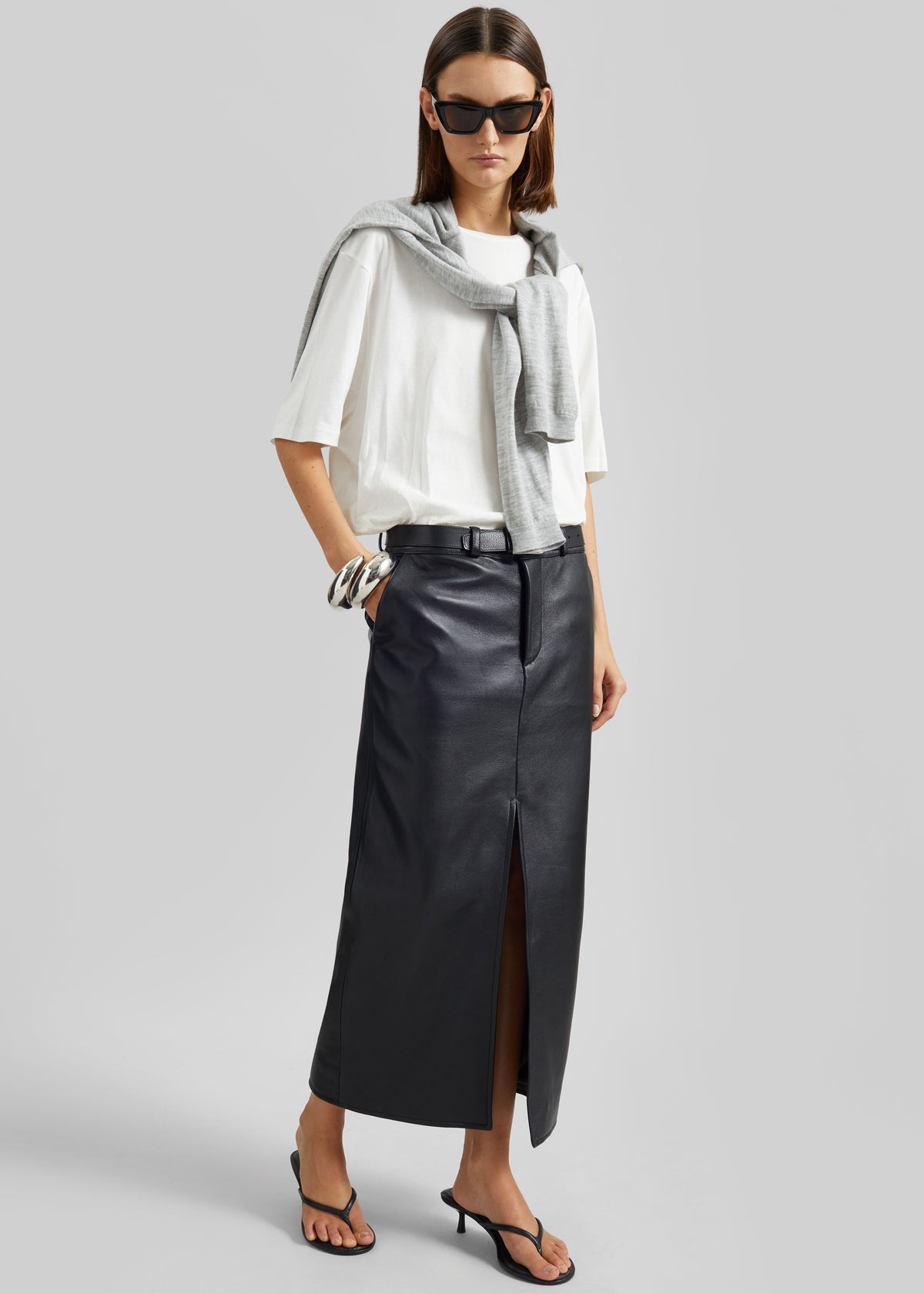 Maybelle Faux Leather Front Slit Pencil Skirt - Black - 1