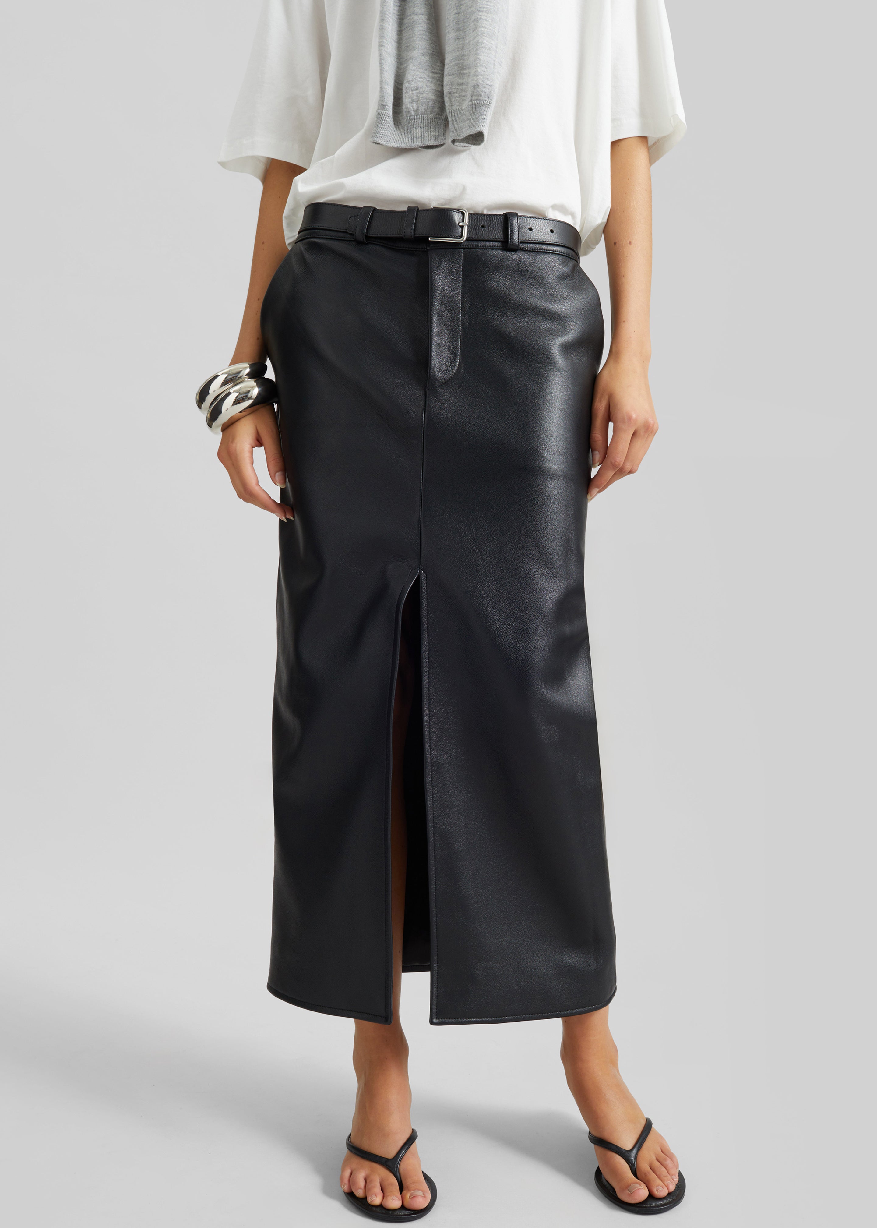 Maybelle Faux Leather Front Slit Pencil Skirt - Black – The