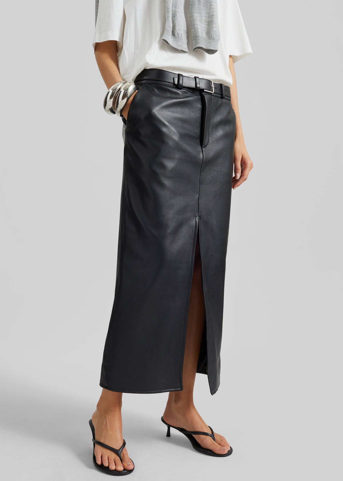 Maybelle Faux Leather Front Slit Pencil Skirt - Black - 2